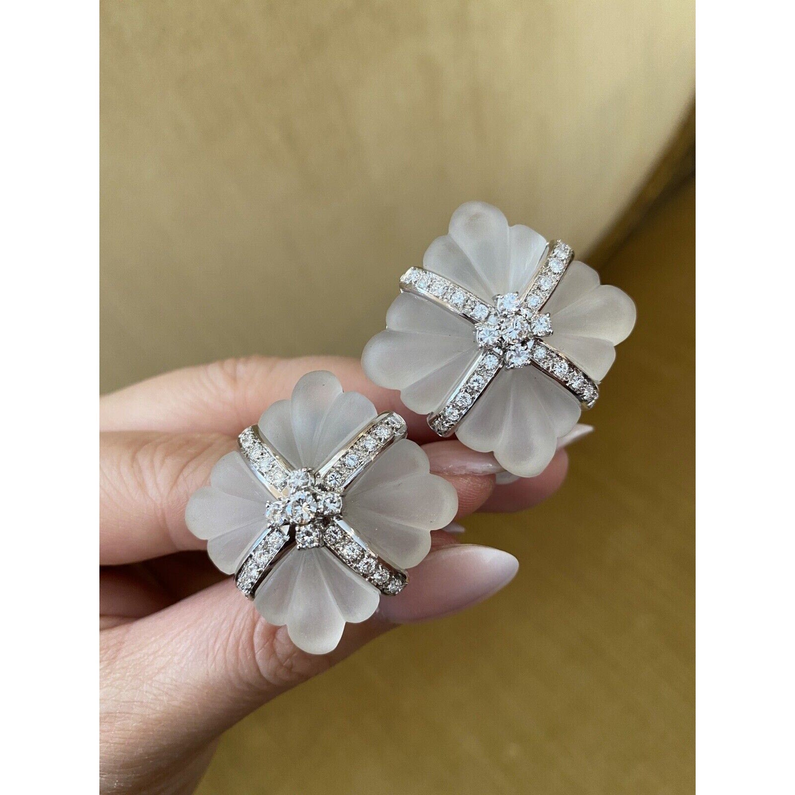 Large Carved Rock Crystal & Diamond Button Earrings in 18k White Gold- HM2401AA