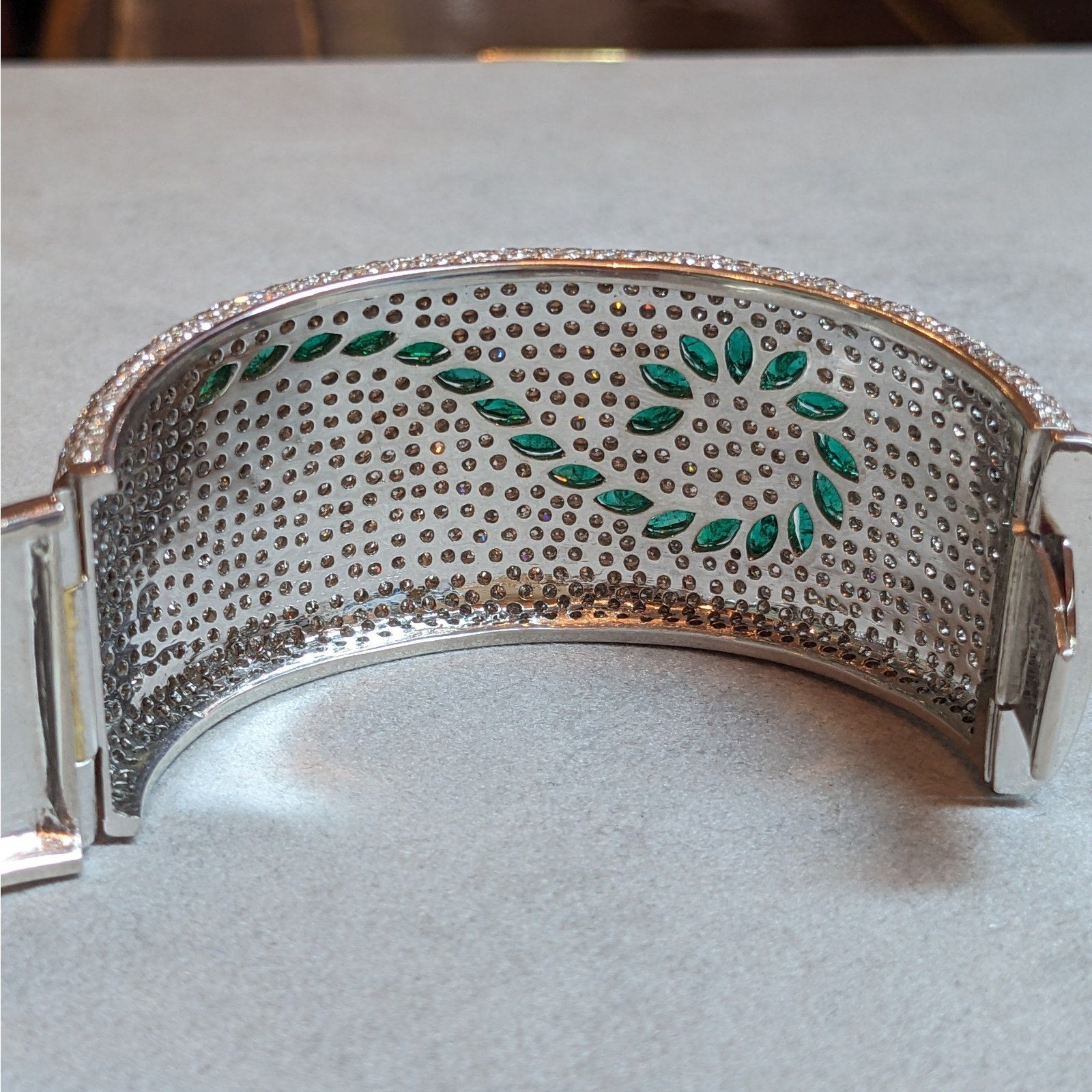Wide Pave Diamond and Marquise Emerald Bangle Bracelet in 18k Gold