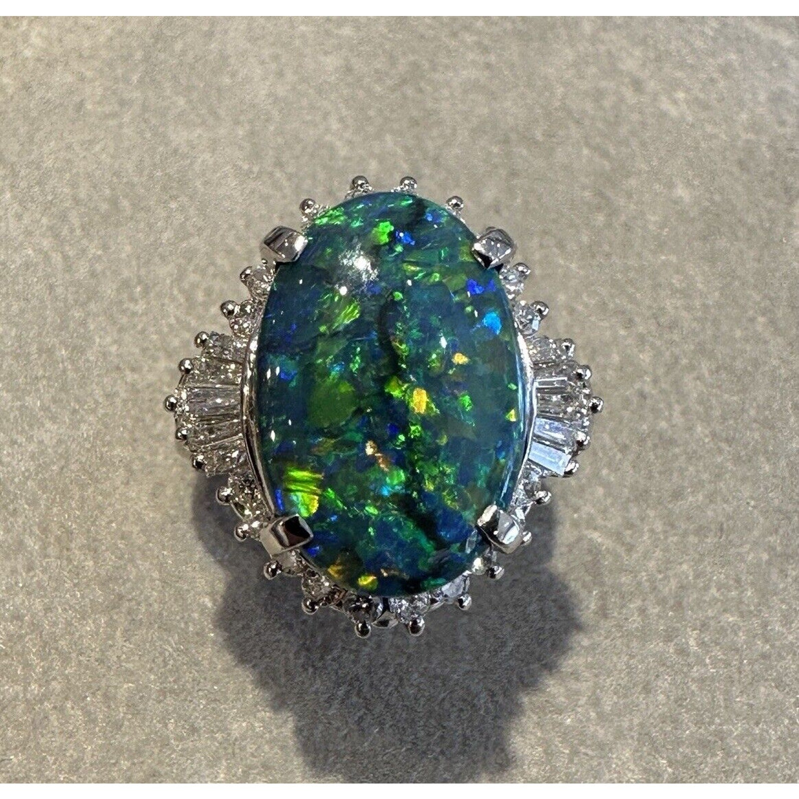 GIA Natural Black Opal 6.23 ct and Diamond Cocktail Ring in Platinum