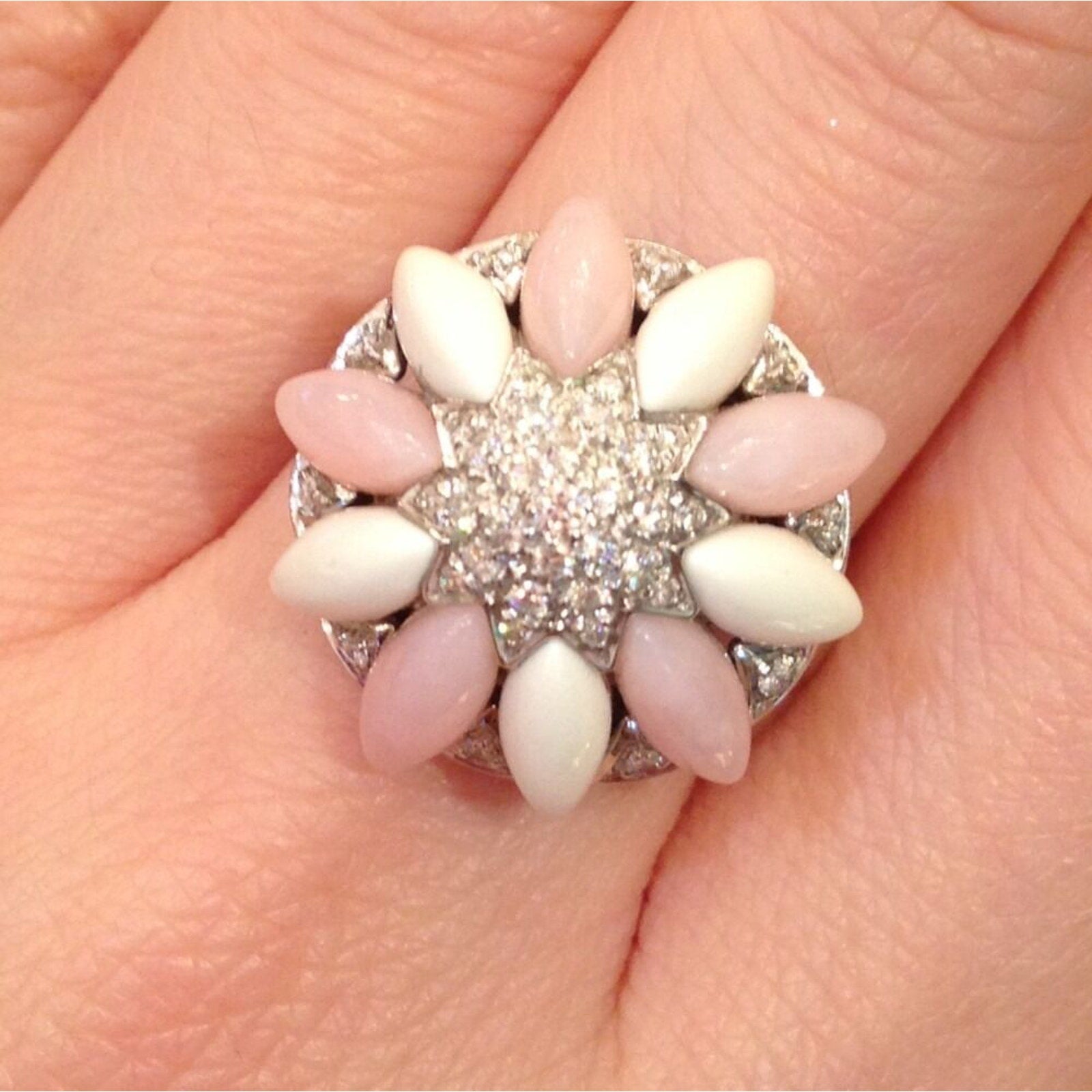 Flower Pave Diamond, Rose Quartz & Enamel Ring 18K White Gold
