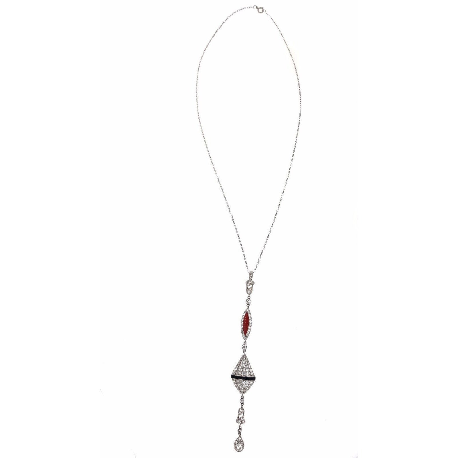 Vintage Diamond & Enamel Drop Necklace in 18k White Gold & Platinum