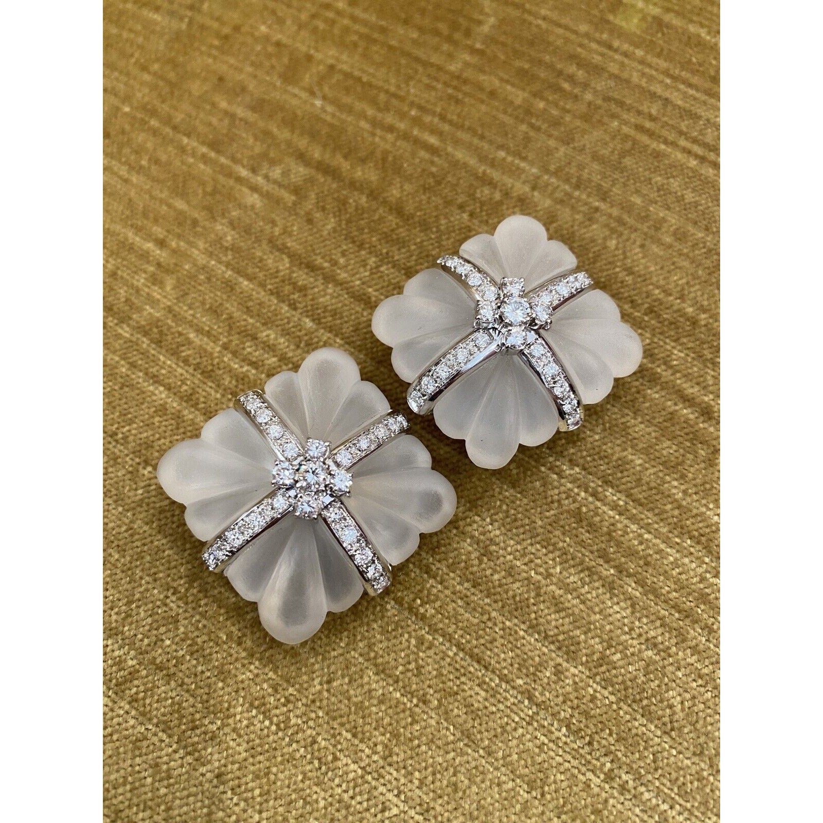 Large Carved Rock Crystal & Diamond Button Earrings in 18k White Gold- HM2401AA