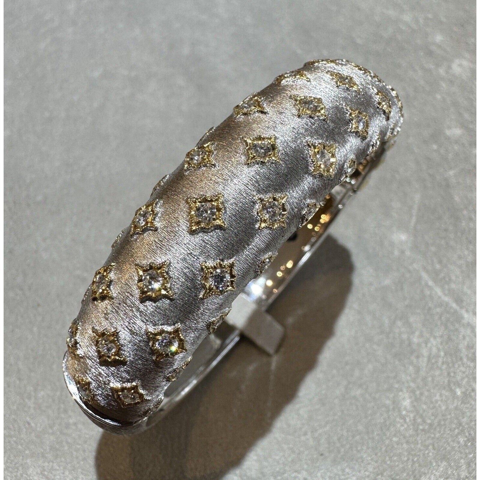 Wide Diamond Bangle Bracelet in Textured 18k White and Yellow Gold