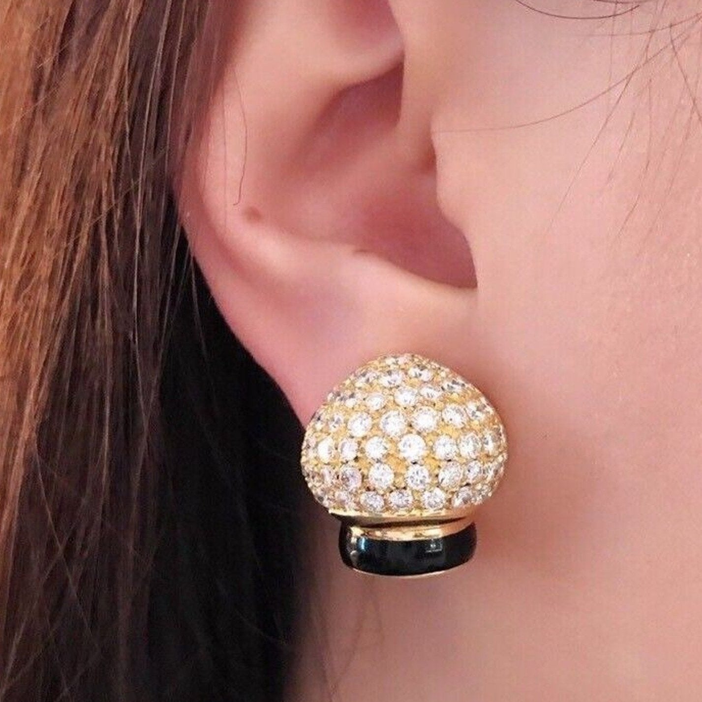 Pave Diamond Dome Earrings with Black Enamel in 18k Yellow Gold