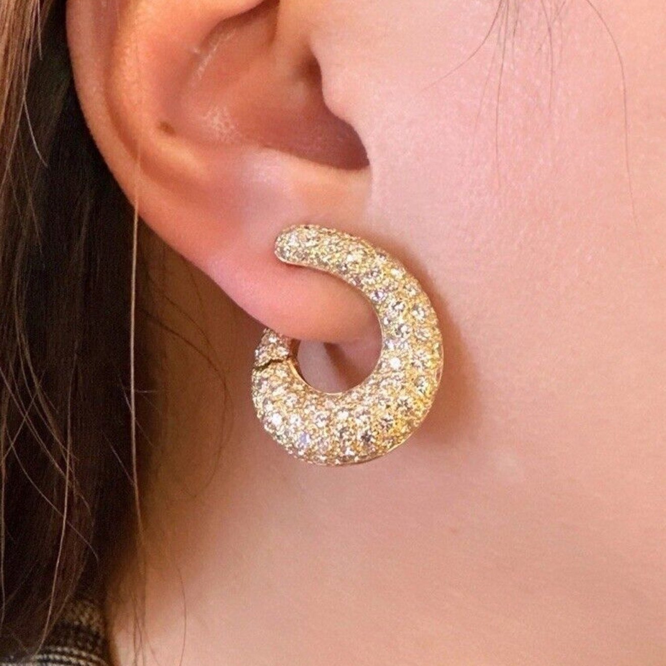 French Pave Diamond Crescent Hoop Earrings in 18k Yellow Gold