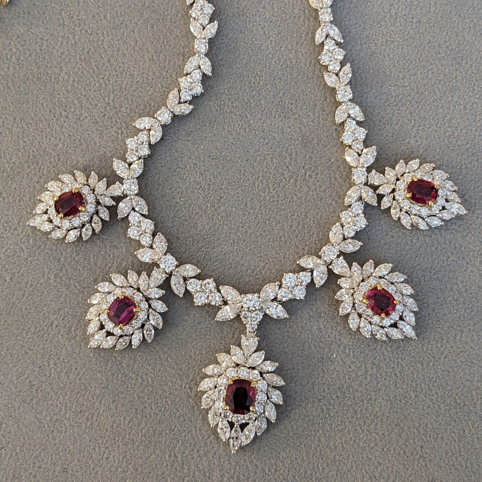 Vintage Drop Ruby and Diamond Necklace in 18k Yellow Gold