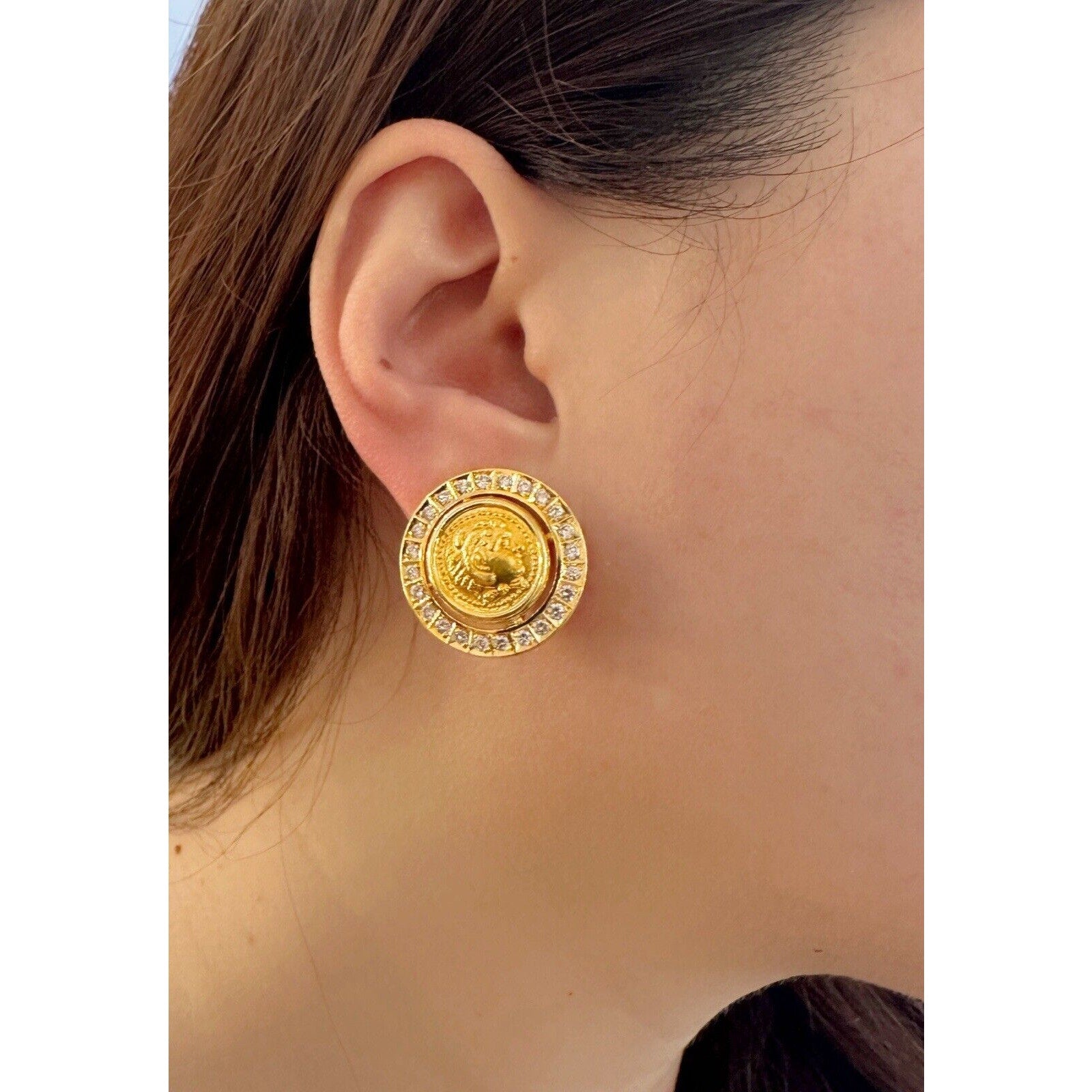 Gold Coin and Diamond Earrings in 18k Yellow Gold