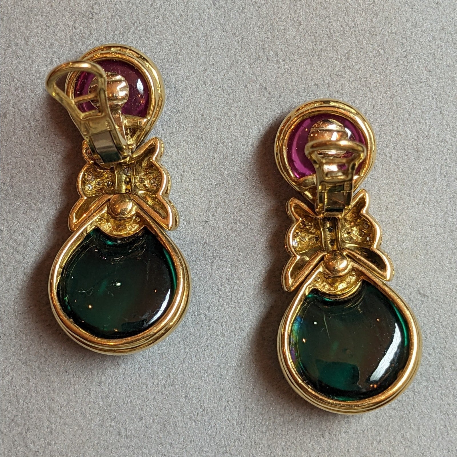 Pink Sapphire, Green Tourmaline & Diamond Drop Earrings in 18k Gold