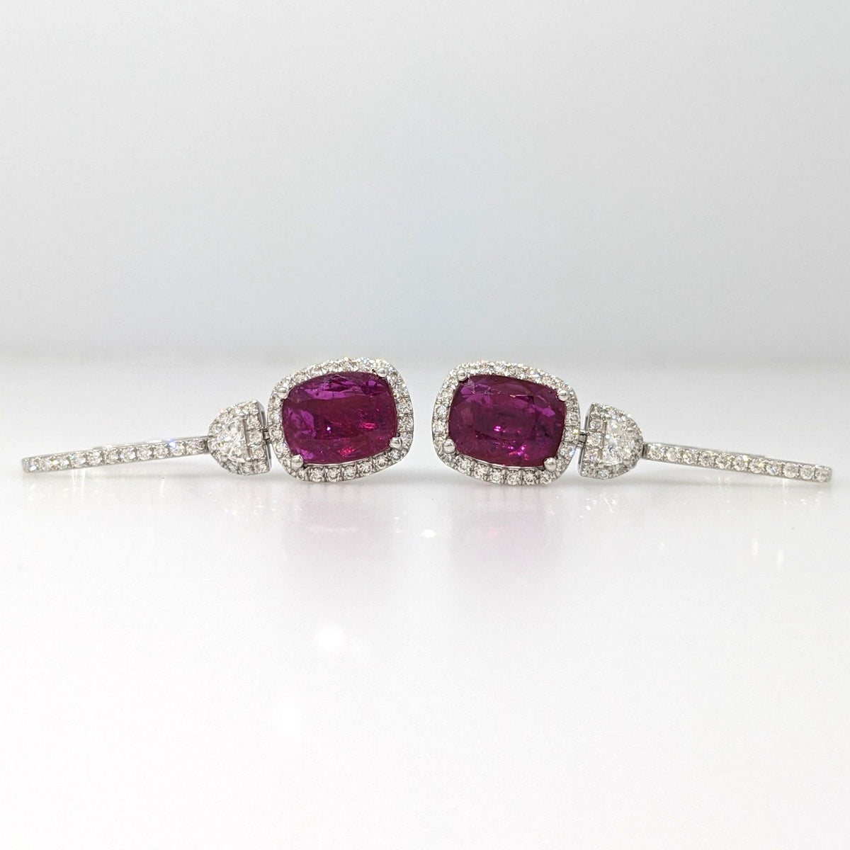GIA Unheated Cushion Ruby & Diamond Drop Earrings in 18k White Gold