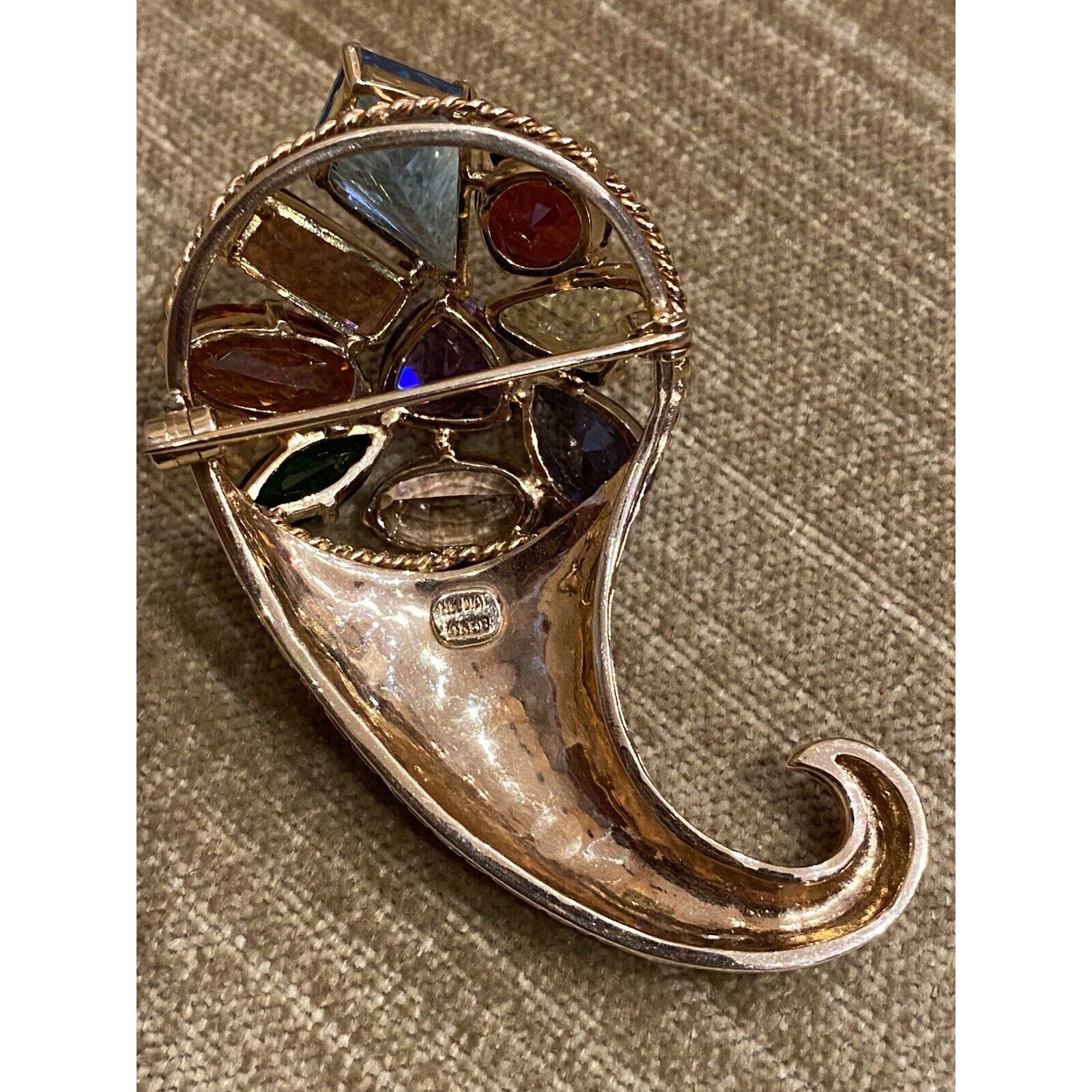 Large Vintage Multi-gem Horn of Plenty Brooch in 14k Yellow Gold