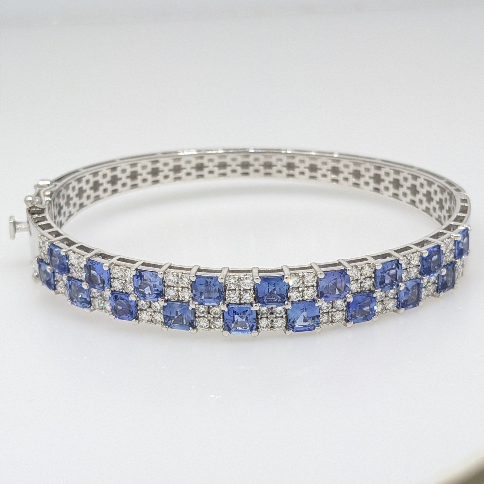 Natural Sapphire and Diamond Bangle Bracelet in 14k White Gold