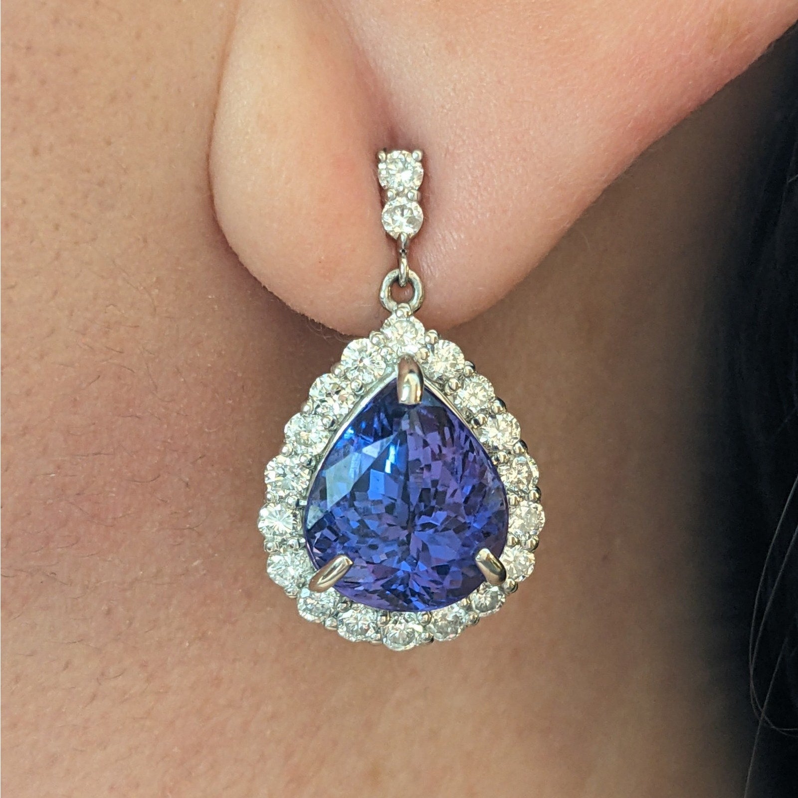 Tanzanite and Diamond Drop Dangle Earrings in Platinum & 14k White Gold