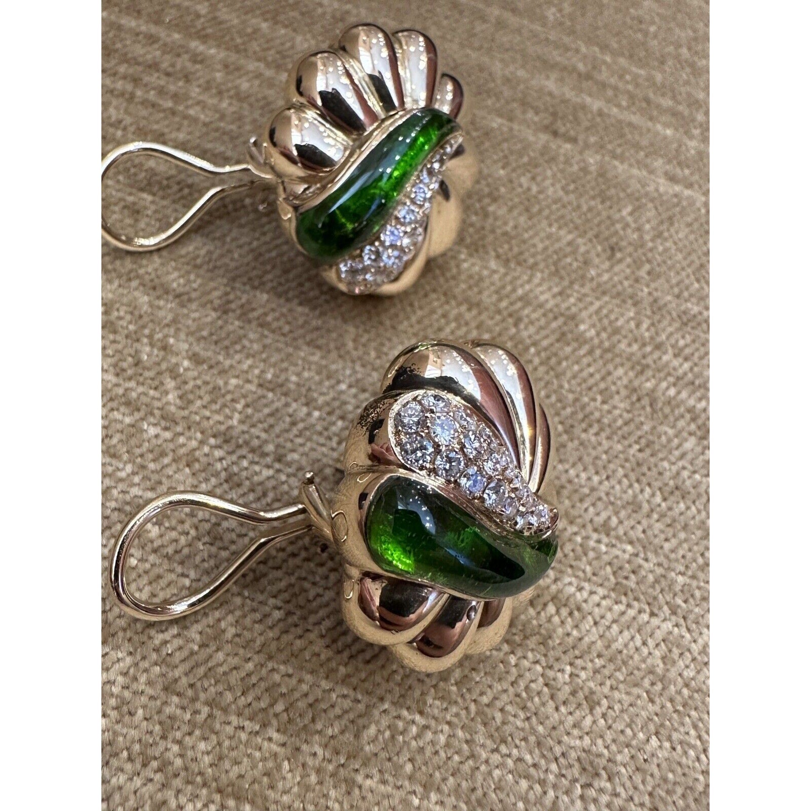 Green Enamel & Diamond Scallop Earrings in 18k Yellow Gold