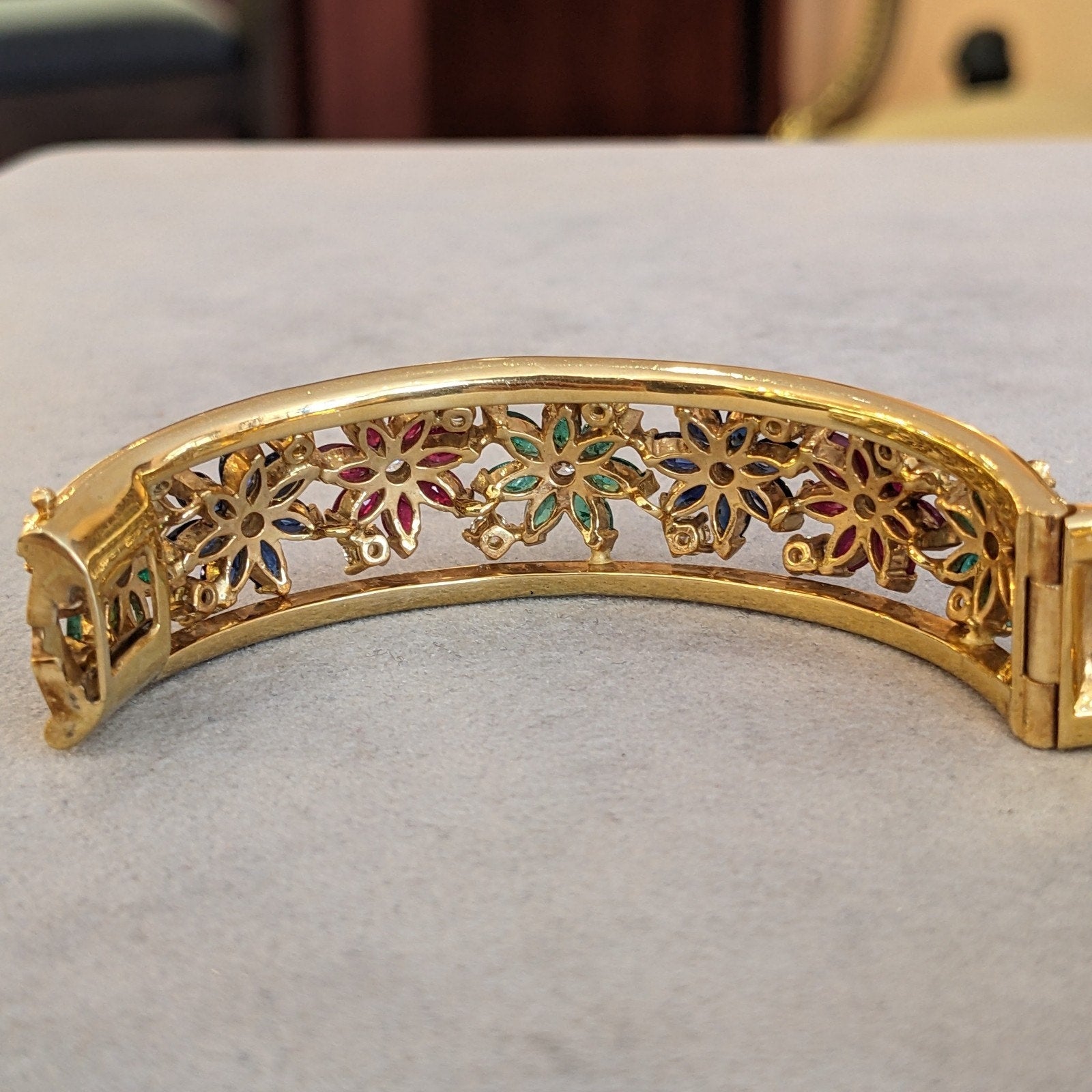 Wide Ruby-Sapphire-Emerald-Diamond Bangle Bracelet in 18k Yellow Gold