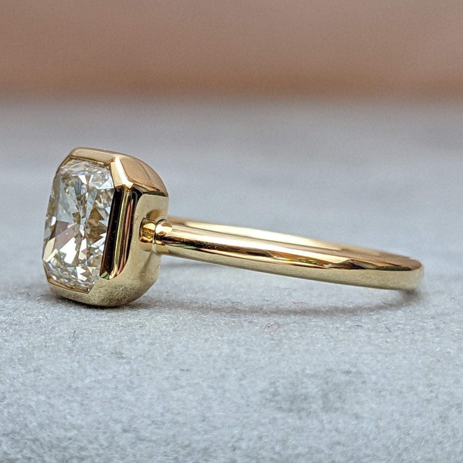 GIA Bezel Set Natural Cushion Diamond Ring in 18k Yellow Gold