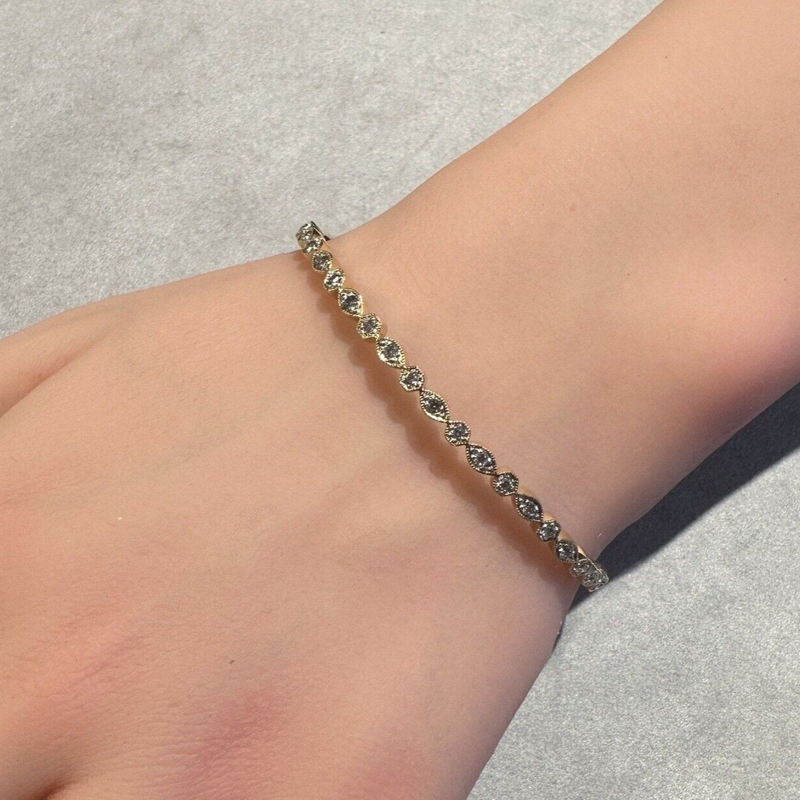 Natural Diamond Hinged Bangle Bracelet-Oval Shape-in 18k Yellow Gold