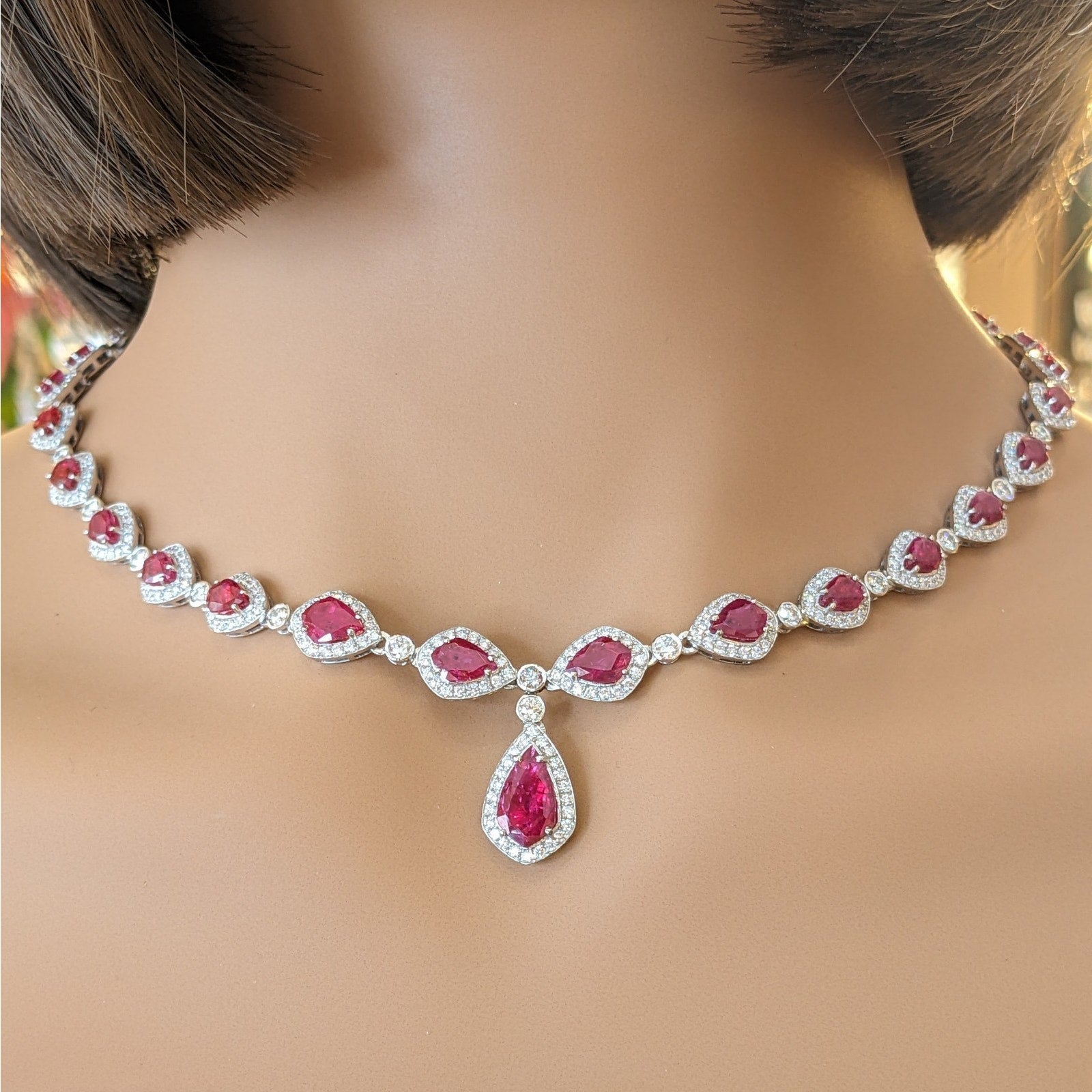Ruby and Diamond Drop Choker Necklace in 18k White Gold
