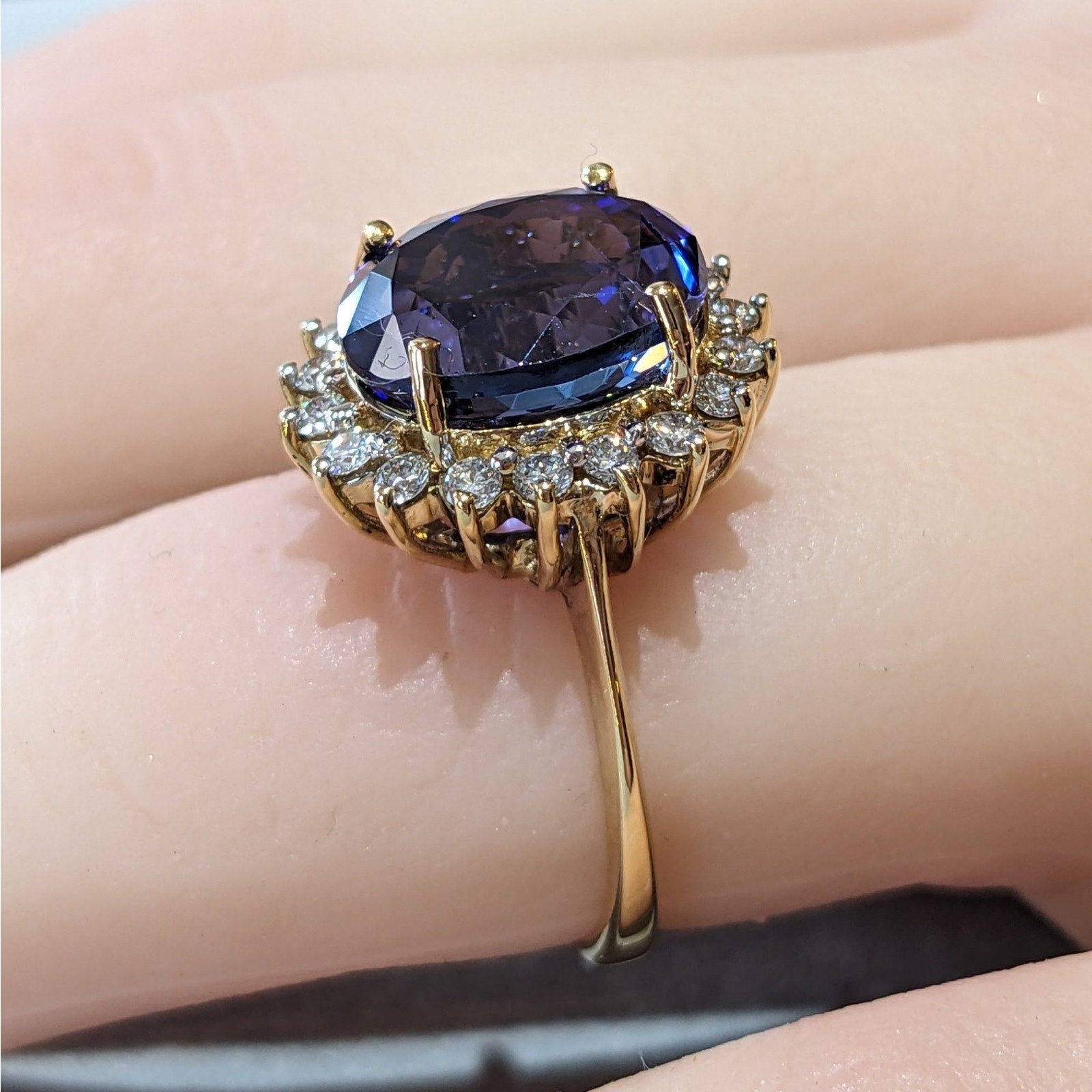 Estate 5cts Oval Tanzanite Ring with Halo Diamonds in 18k Yellow Gold