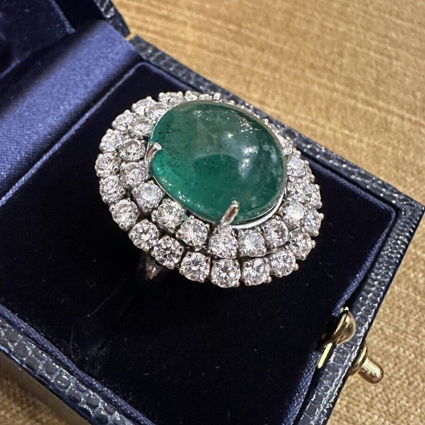 GIA 11.67 ct Natural Emerald Cabochon & Diamond Ring in 18k White Gold - HM2402