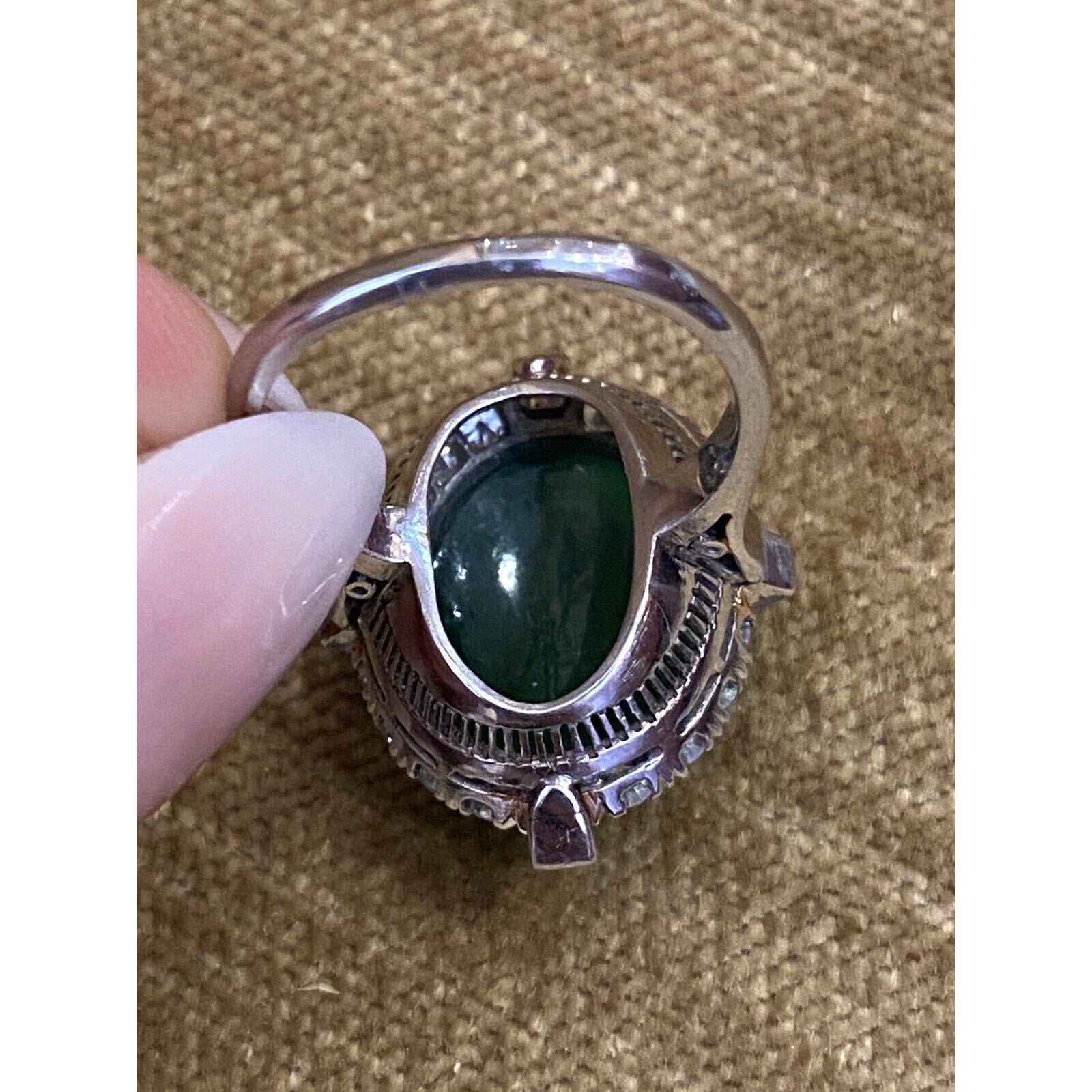 GIA Untreated Jade Oval Cabochon and Diamond Vintage Platinum Ring - HM2258AE