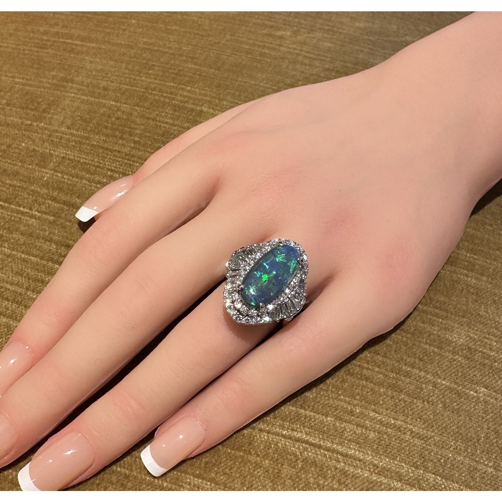 Natural Black Opal 3.77 ct and Diamond Cocktail Ring in Platinum