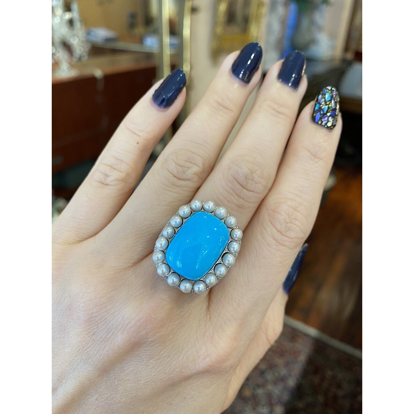 Turquoise, Pearl and Diamond Cocktail Ring in 18k White Gold