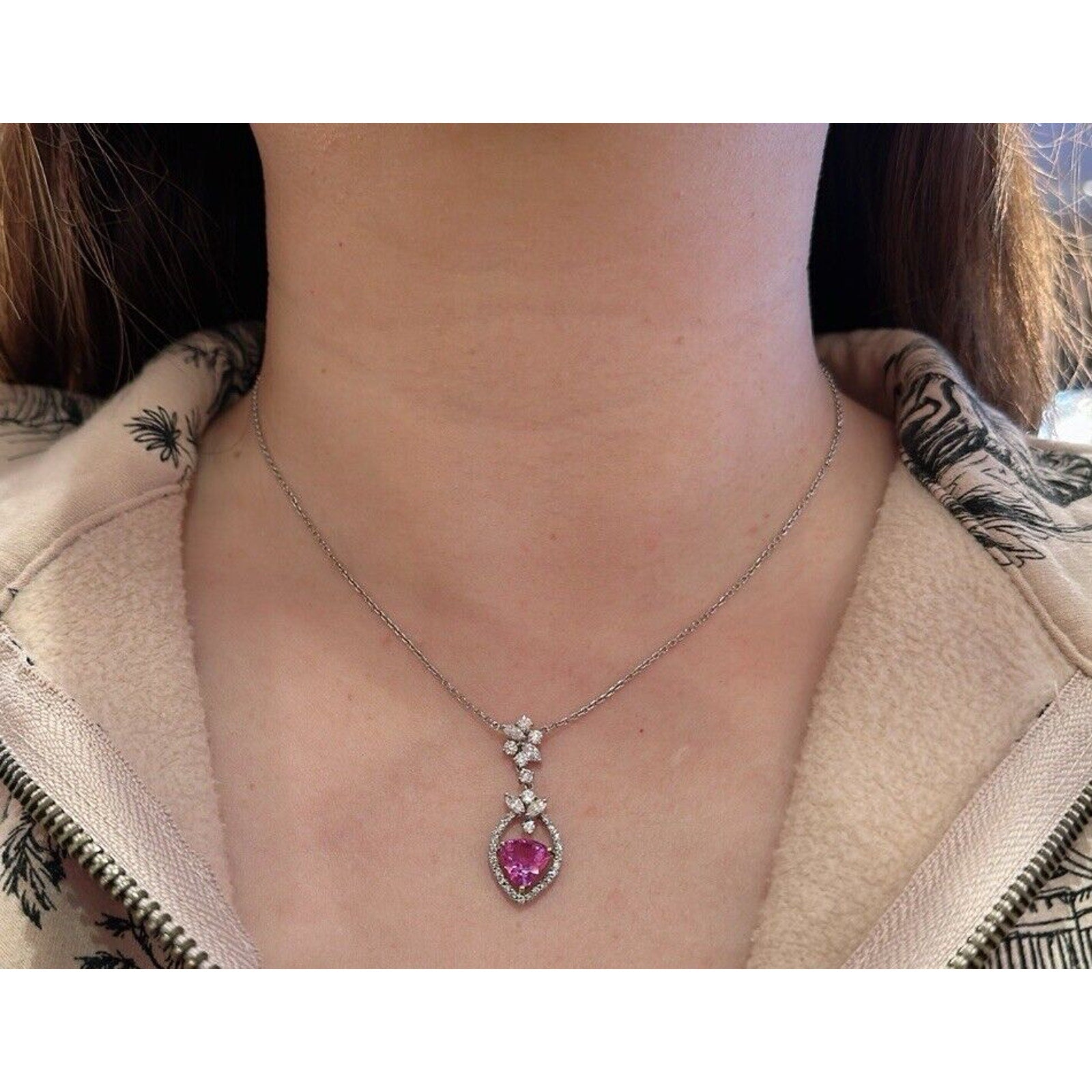 Certified Pink Sapphire and Diamond Pendant Necklace in 18k White Gold