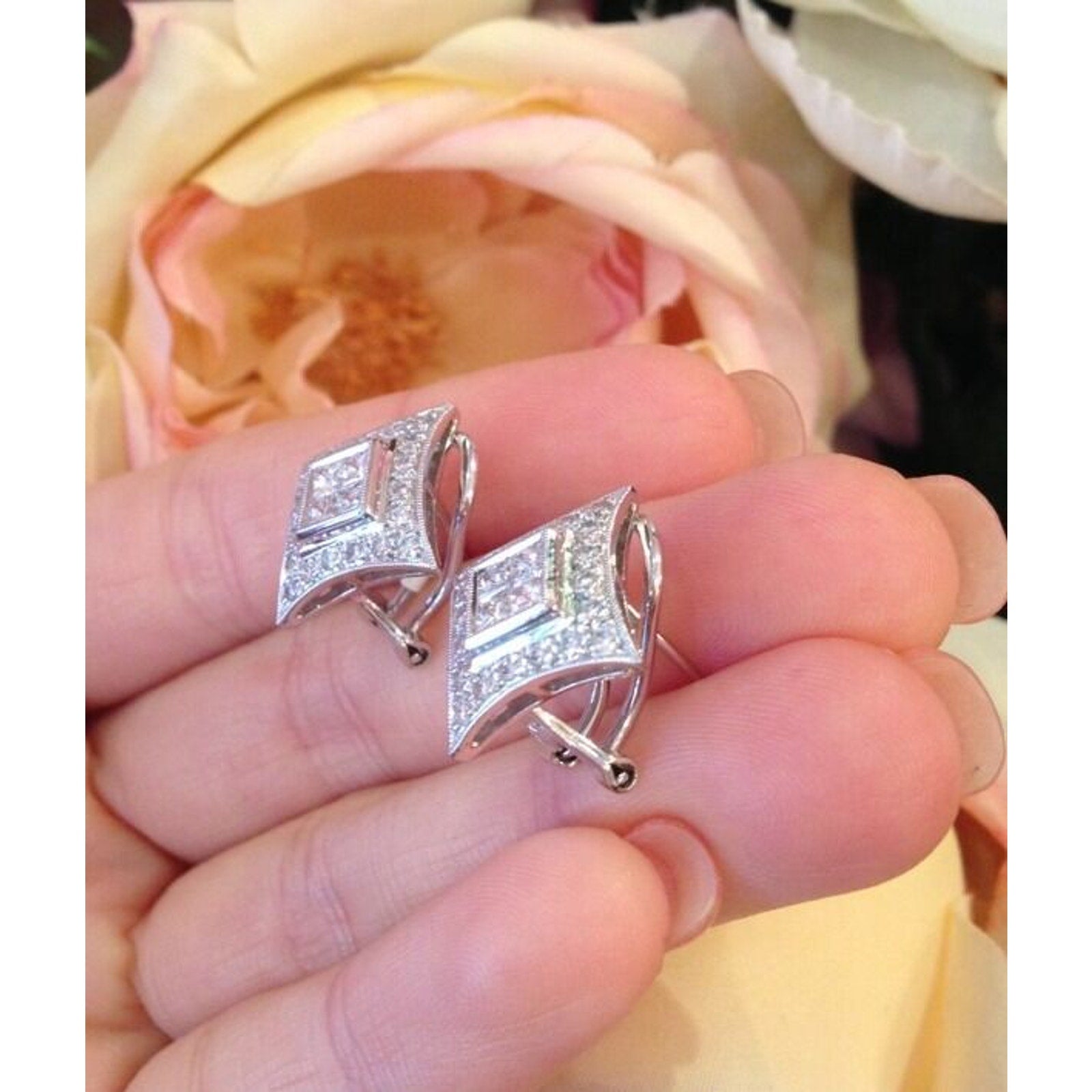 Pave and Invisible Set Diamond Earrings in 18k White Gold