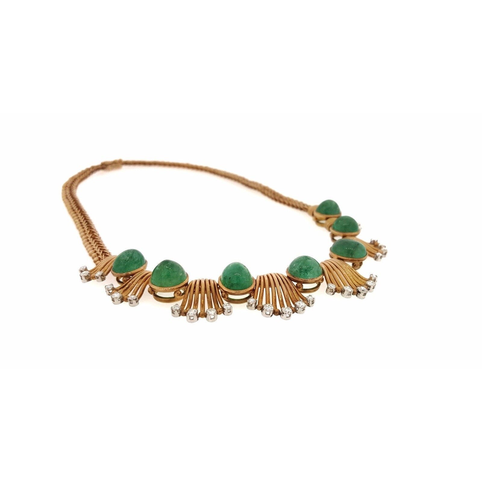 Retro Emerald Cabochon & Diamond Necklace in 18K Rose Gold