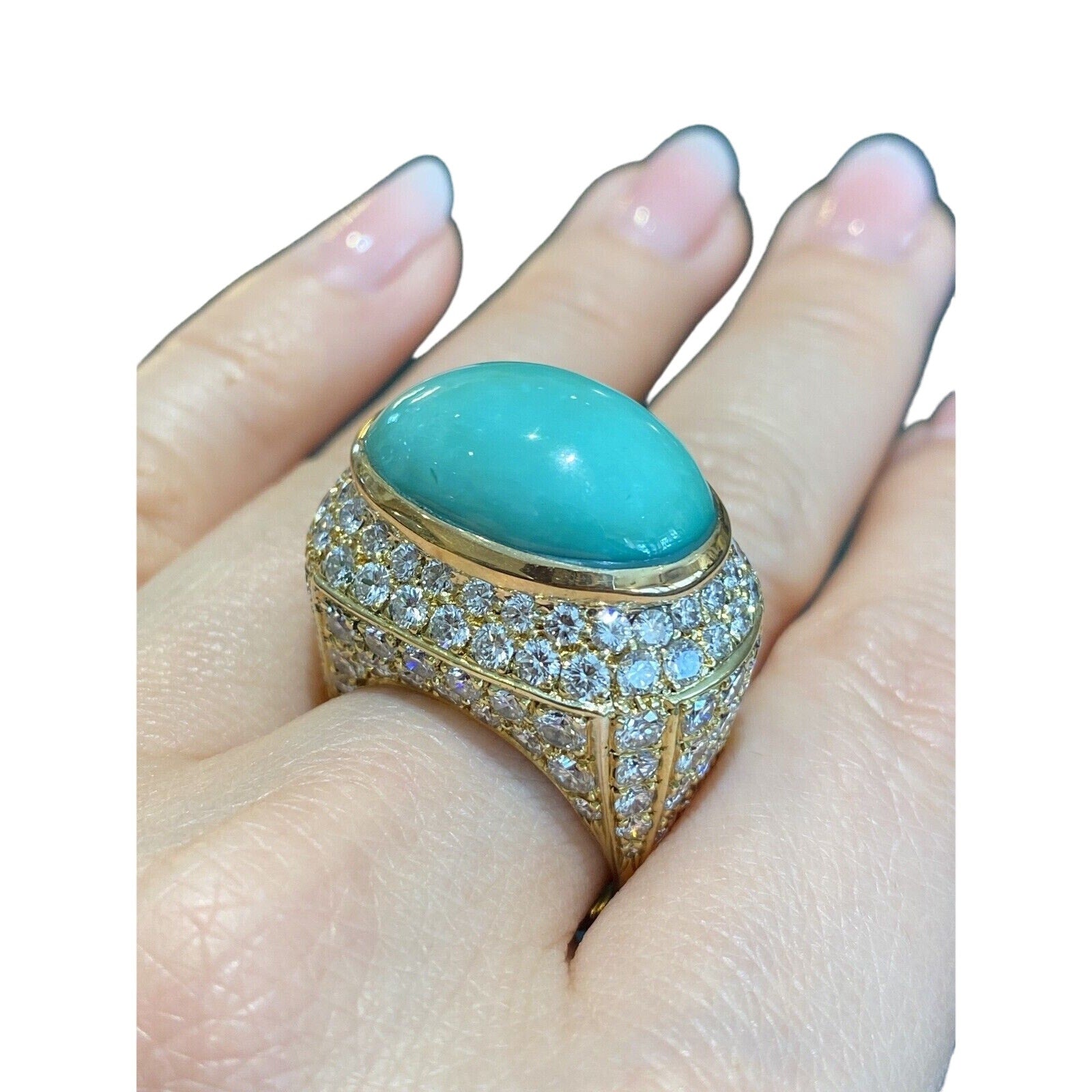 Large Estate Pave Diamond and Turquoise Dome Ring in 18k Yellow Gold - HM1799EE