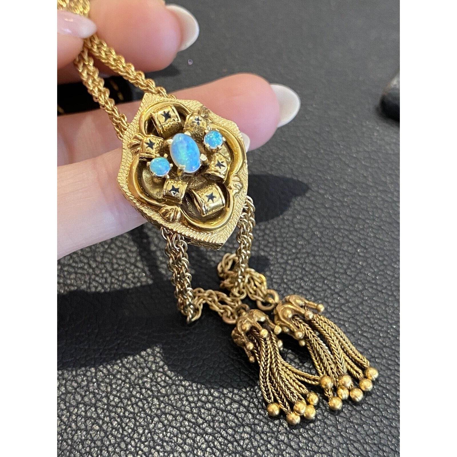 Vintage 28" Slide Tassel Necklace with Opals in 14k Yellow Gold