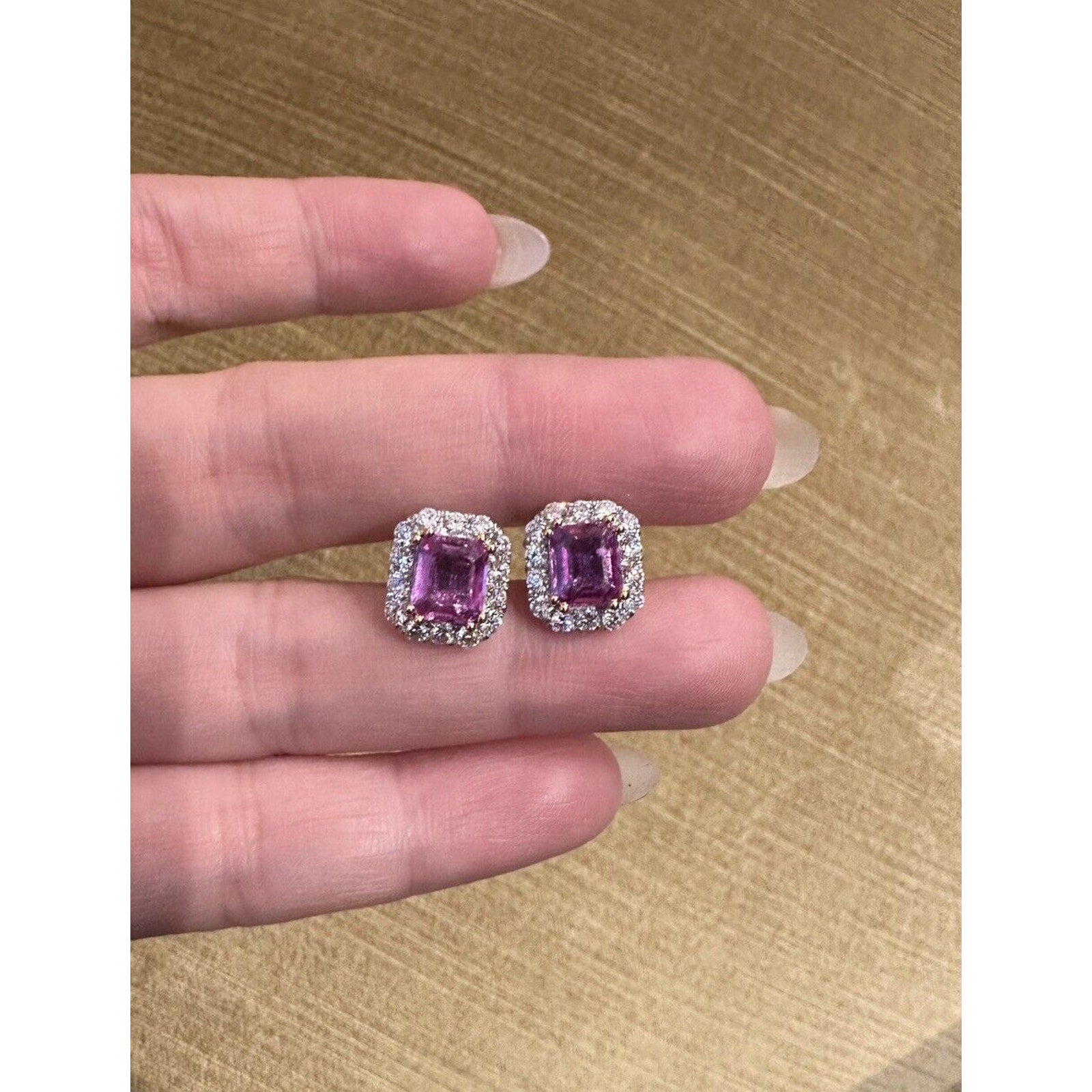 Pink Sapphire and Diamond Halo Earrings in 18k White Gold
