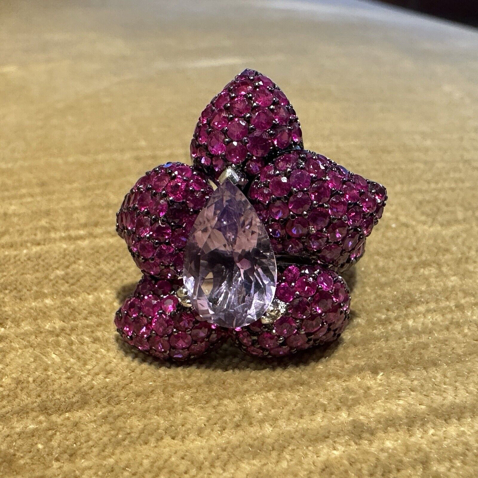 Ruby and Amethyst Flower Cocktail Ring in 18k White Gold