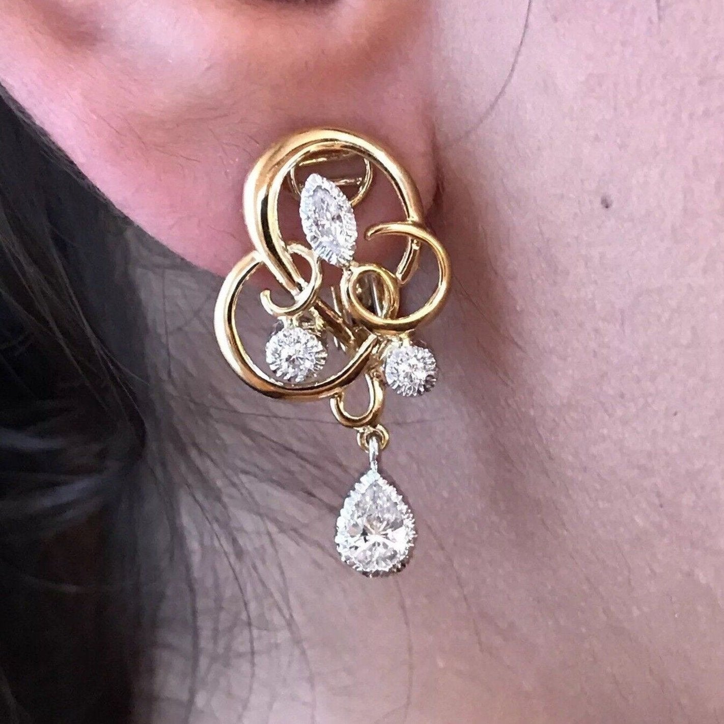 Diamond Swirl Earrings with Pear Shaped Drops in Platinum/18k Yellow Gold