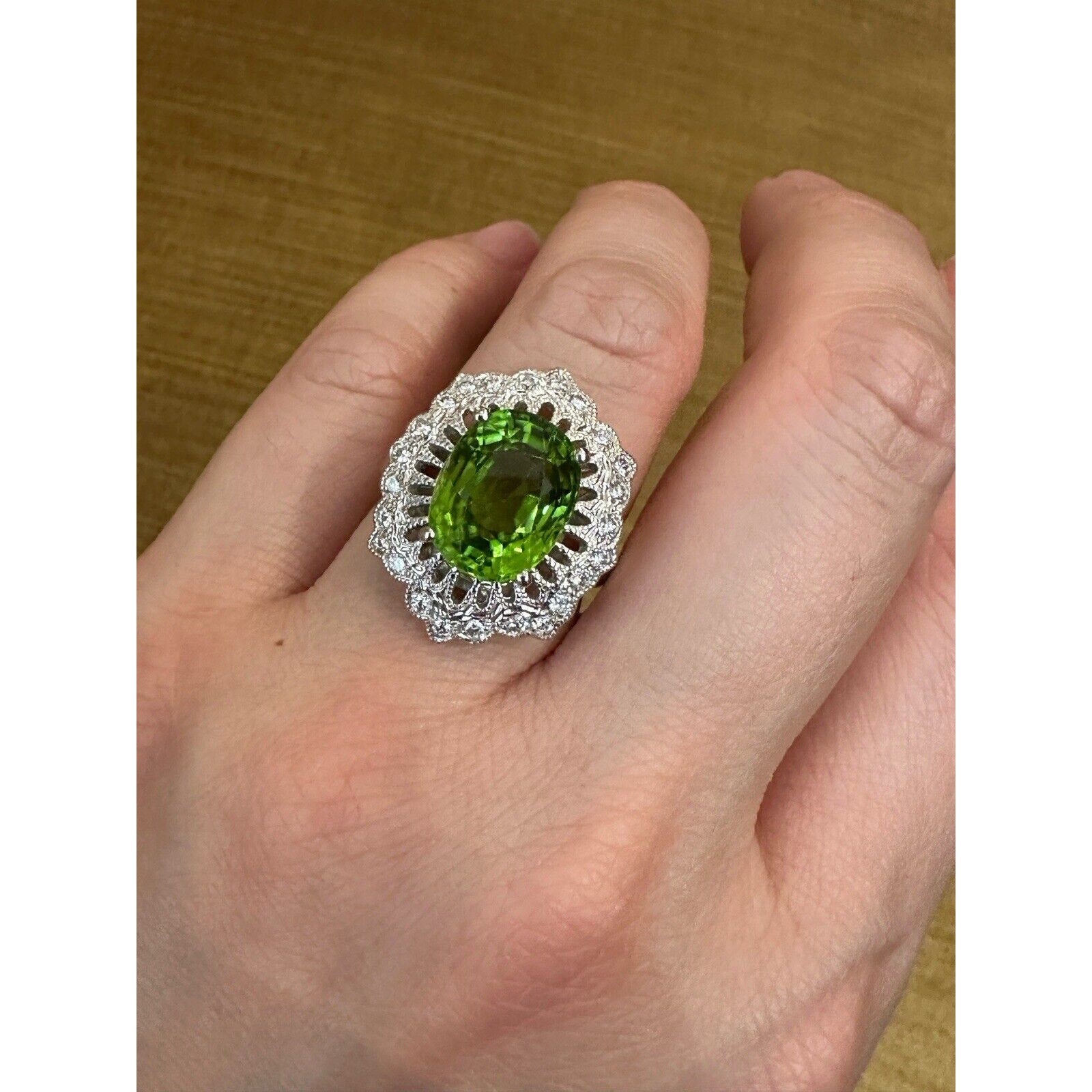 Oval Peridot 7.39 ct and Diamond Cocktail Ring in Platinum