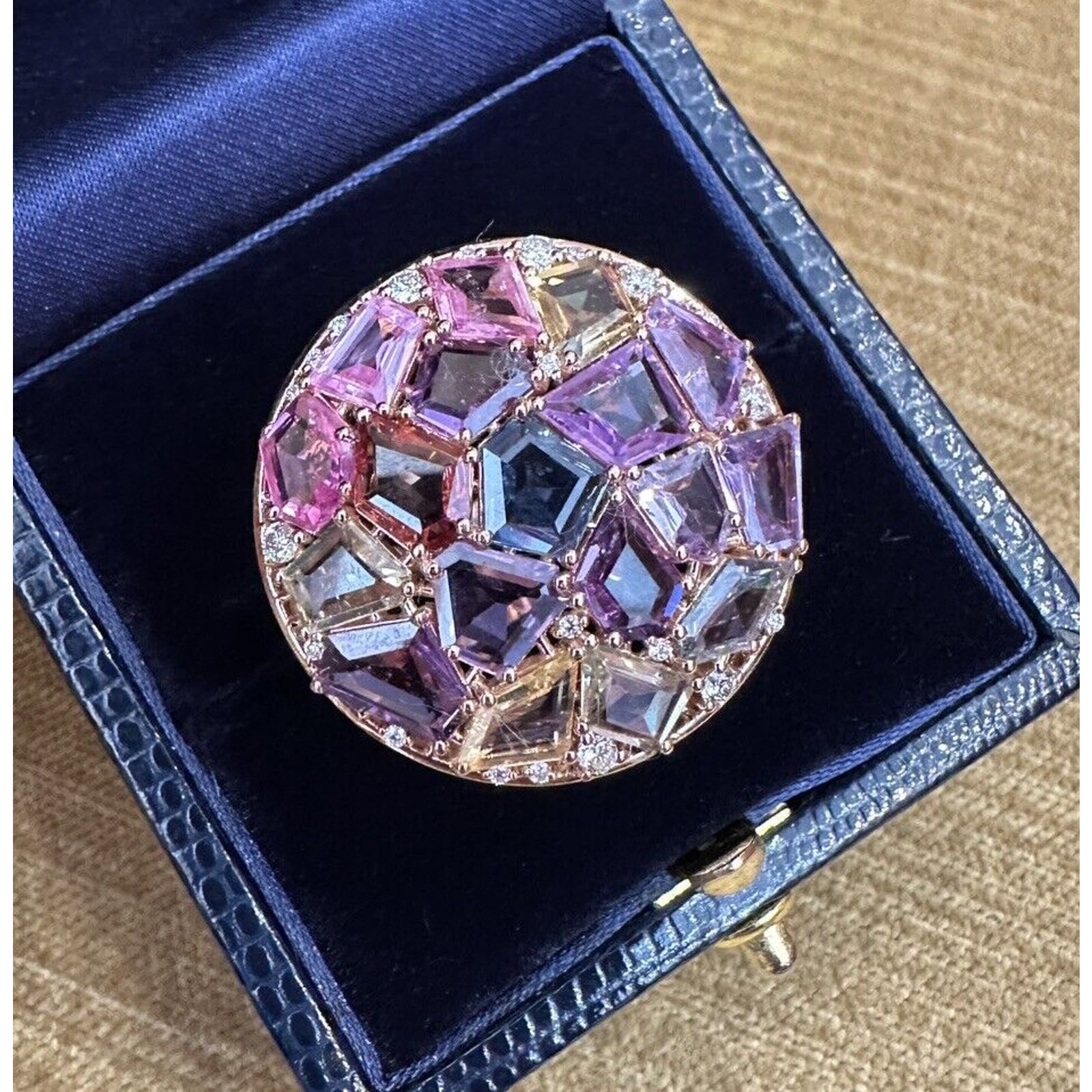 Large Multicolor Sapphire and Diamond Statement Ring in 18k Rose Gold - HM2569AR
