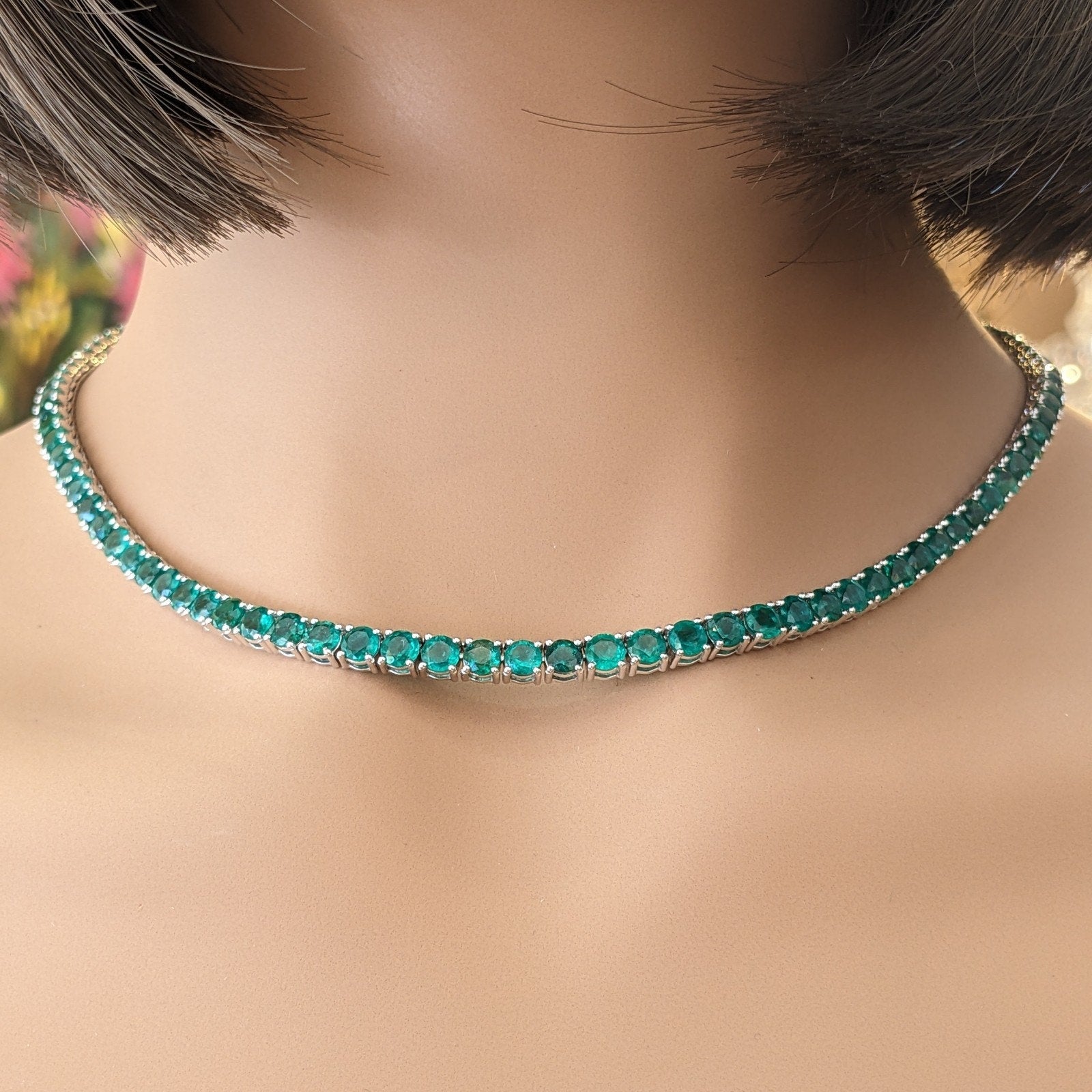 Natural Emerald Tennis Necklace in 14k White Gold 17"