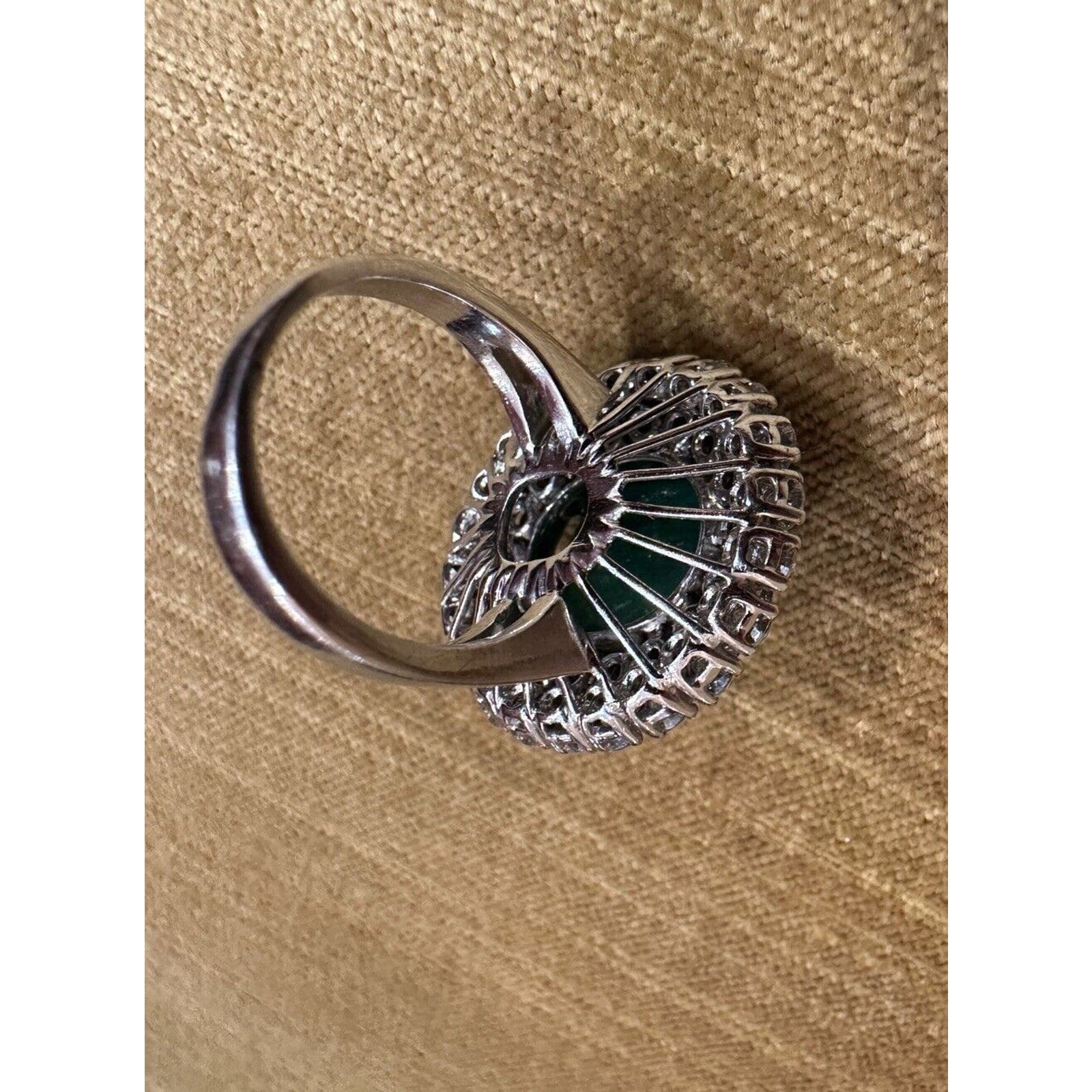 GIA 11.67 ct Natural Emerald Cabochon & Diamond Ring in 18k White Gold - HM2402