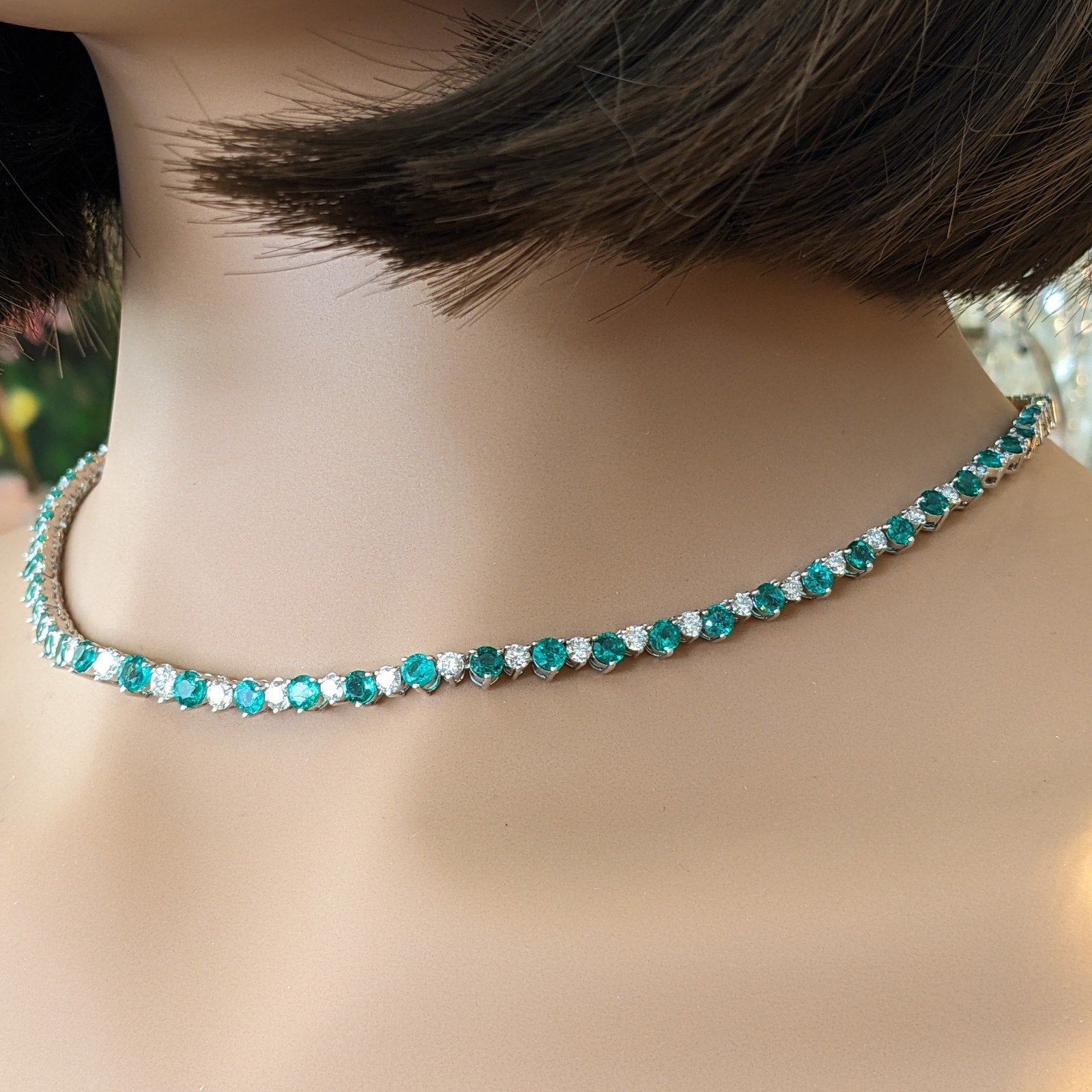Emerald & Diamond Riviera Tennis Necklace 16.75" in 14k White Gold
