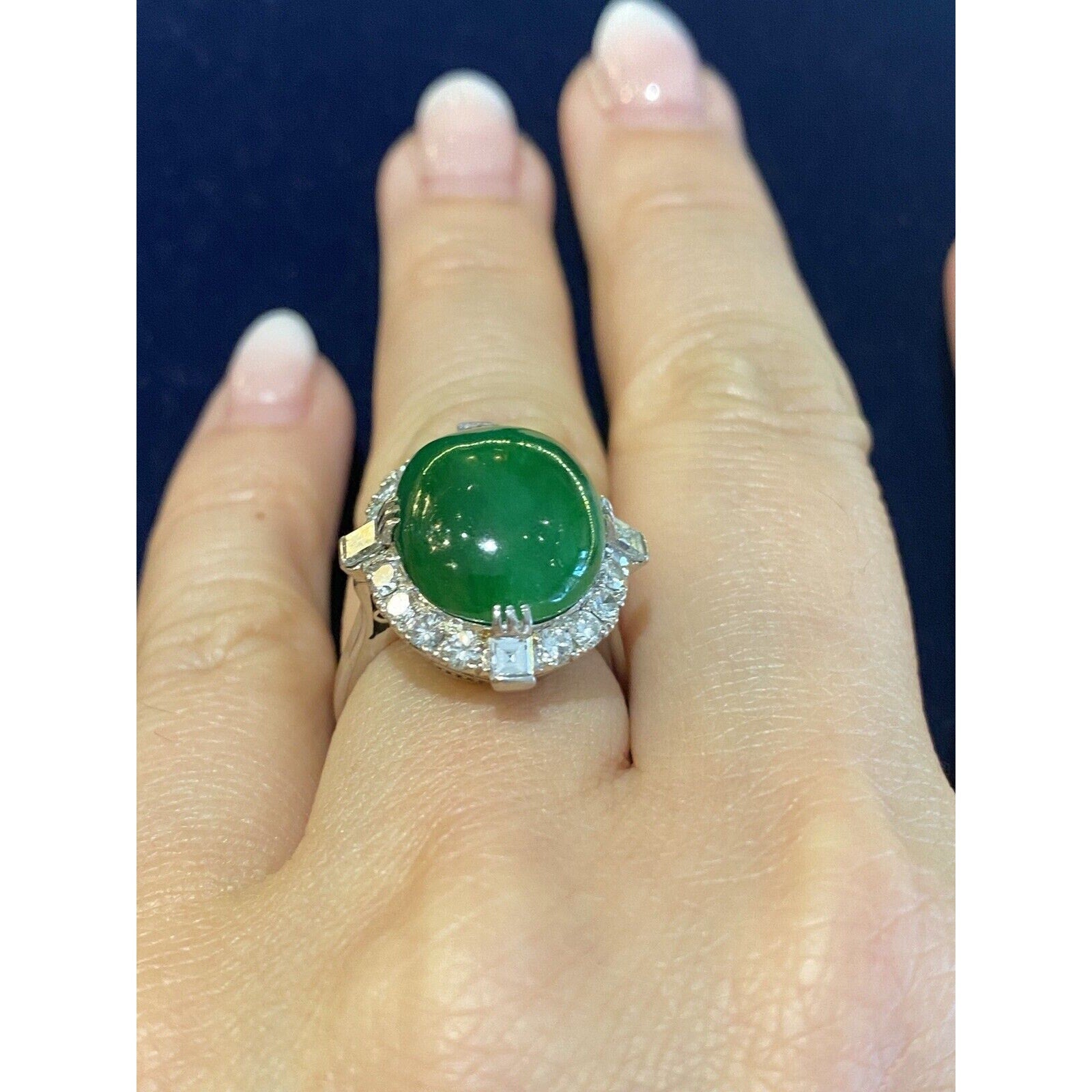 GIA Untreated Jade Oval Cabochon and Diamond Vintage Platinum Ring - HM2258AE