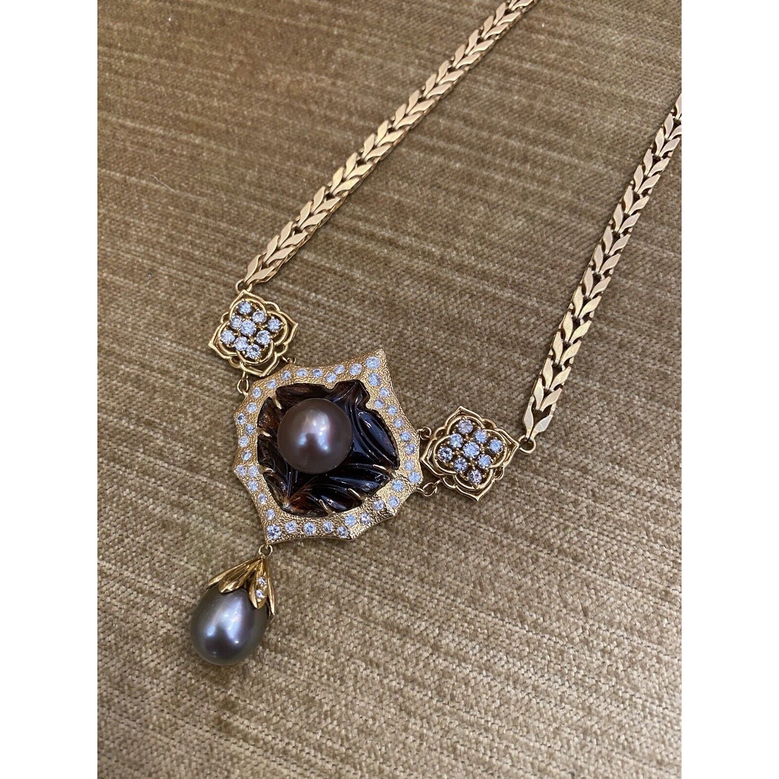 Vintage Black Pearls, Tourmaline and Diamond in 18k Yellow Gold -- HM1700AS