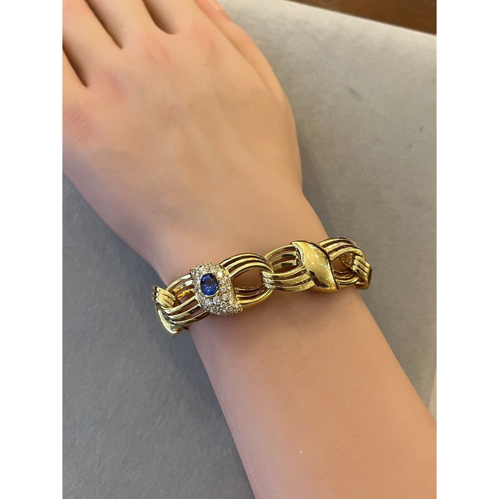 Wide Natural Sapphire and Diamond Link Bracelet in 18k Yellow Gold