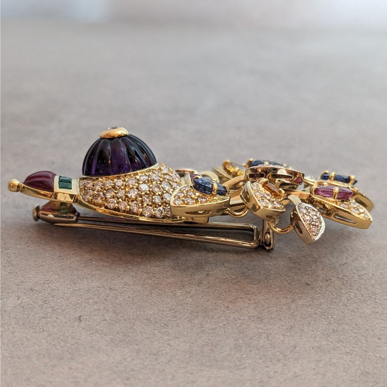 Multi-Gem Flower Pin with Diamonds and Amethyst in 18k Yellow Gold