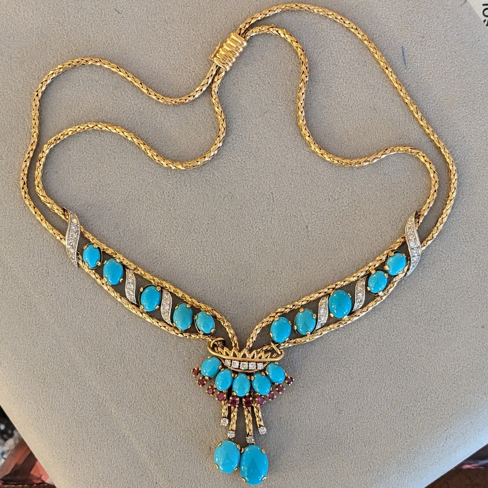 FRENCH Turquoise, Ruby, Diamond Necklace in 18k Yellow Gold / Platinum