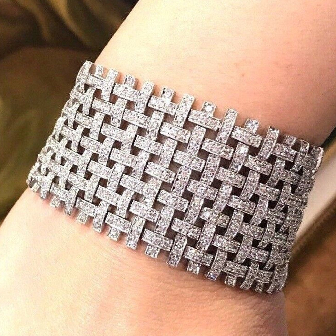 9.03 carats Wide Basket Weave Diamond Bracelet in 18K White Gold