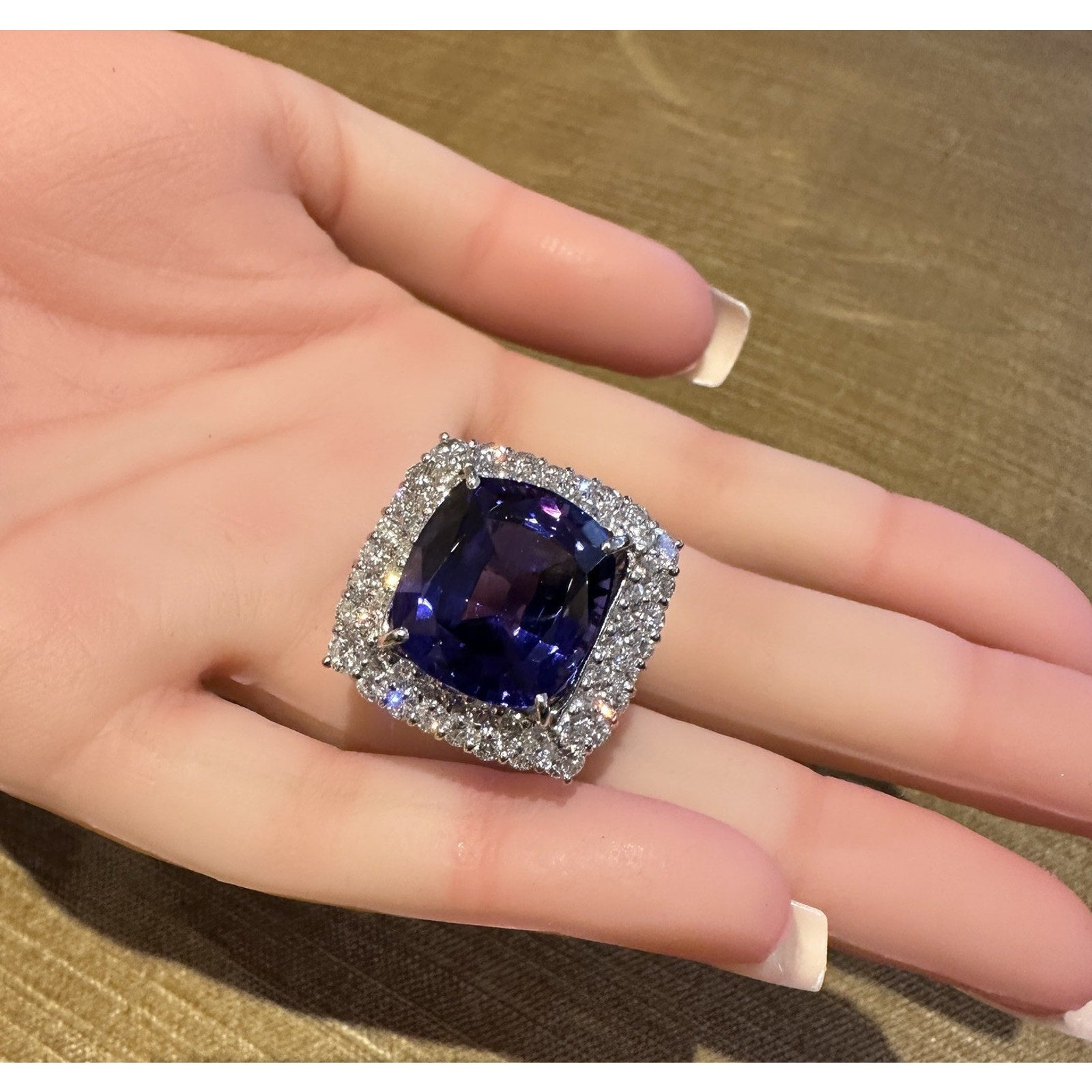 GIA 19.97 carat Cushion Tanzanite Ring with Diamond Halo in Platinum