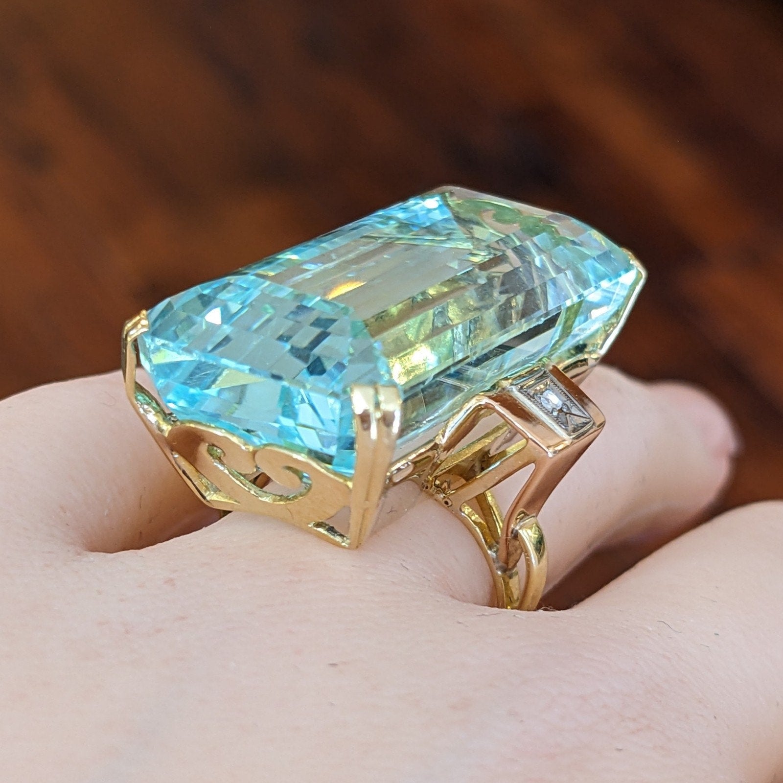 66.92 ct Elongated Aquamarine in Retro ring setting 18k and 14k Gold