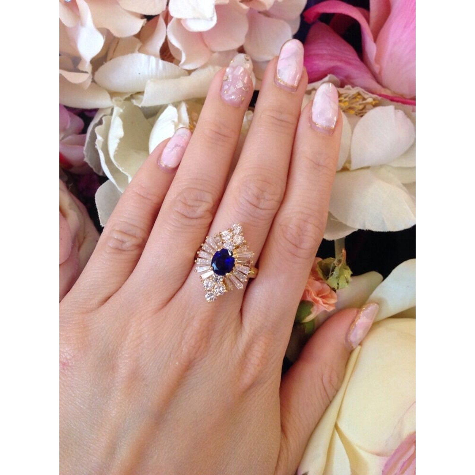 Sapphire and Diamond Ring with Baguettes and Rounds in 18k Yellow Gold