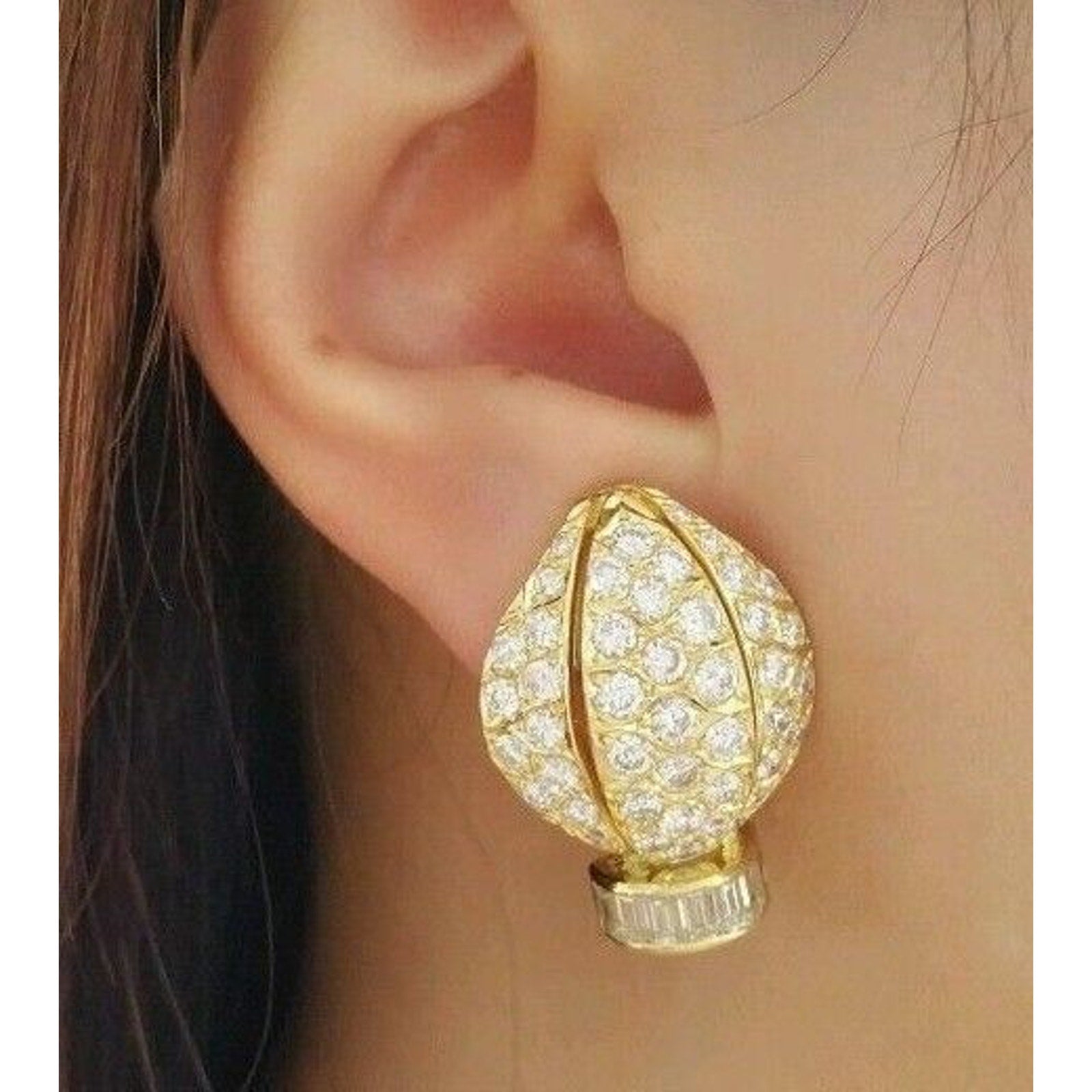 8.00 carat Pave Diamond Earrings with Rounds/Baguettes in 18k Yellow Gold