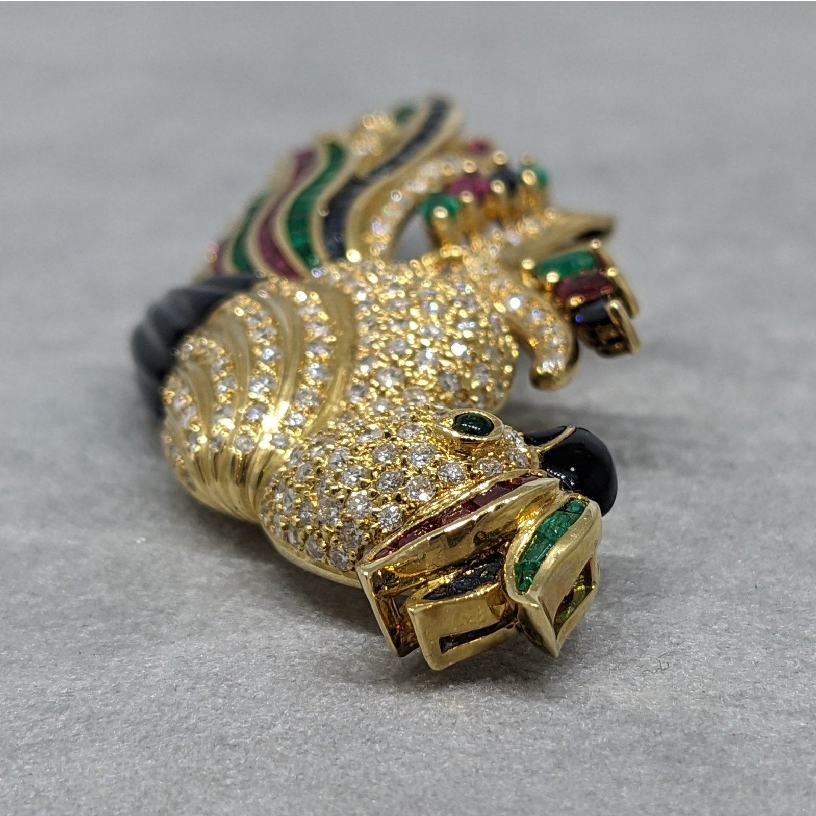 Large Parrot Pin Brooch with Diamonds and Gemstones in 18k Yellow Gold